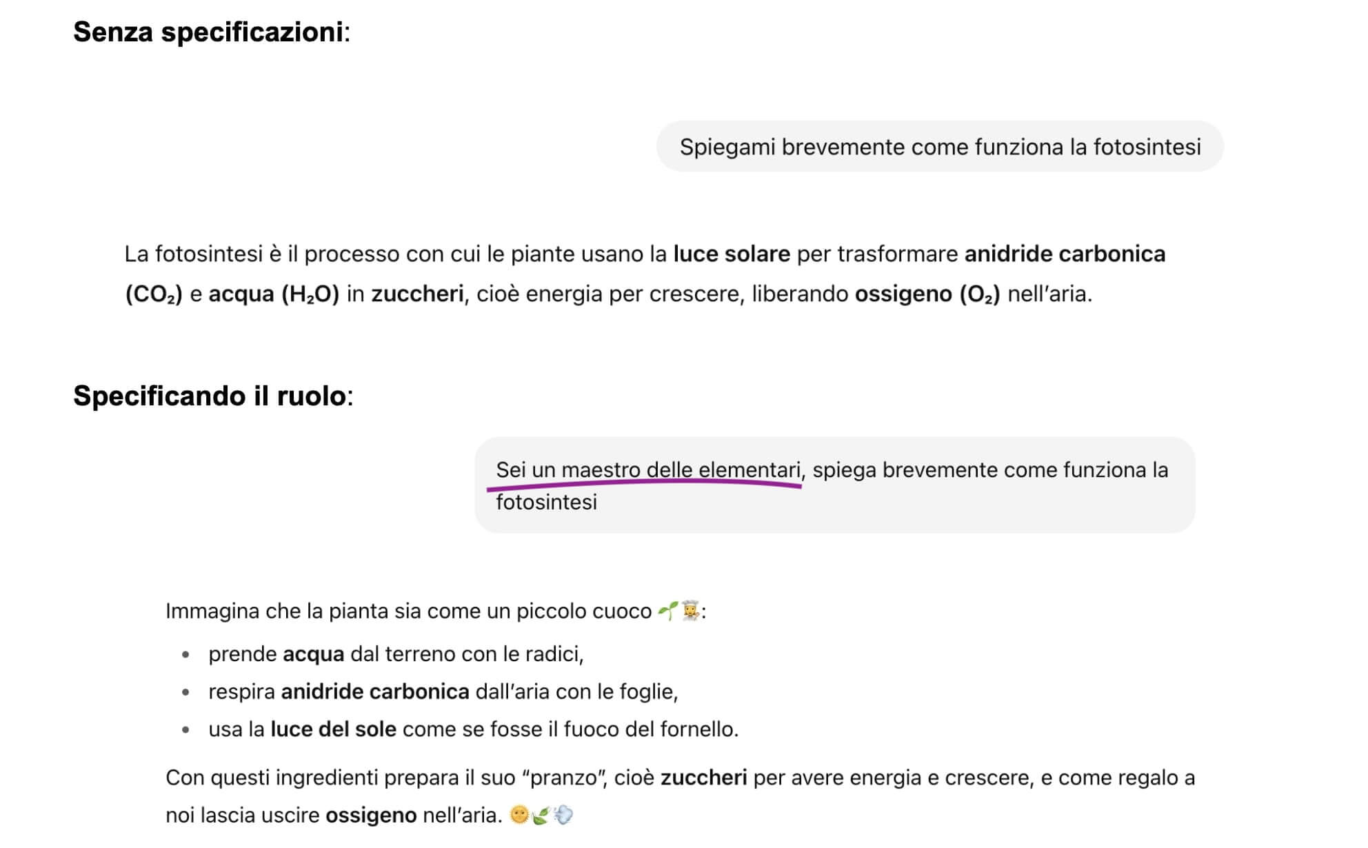 screenshot che mostra due risposte di chatgpt alla stessa domanda "spiegami come funziona la fotosintesi". Nell'esempio dove viene aggiunto "sei un maestro delle elementari" al prompt, la risposta utilizza similitudini e un linguaggio non tecnico per spiegare il concetto.