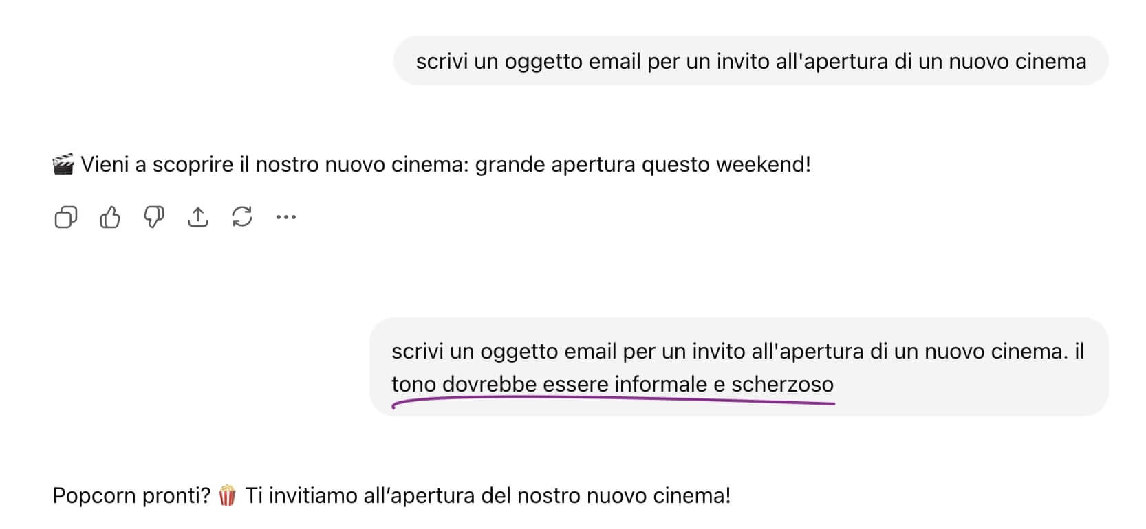 screenshot che mostra i due risultati diversi che si ottengono usando lo stesso prompt "scrivi un oggetto email per un invito all'apertura di un nuovo cinema" con l'unico cambiamento nell'aggiunta delle indicazioni per il tono