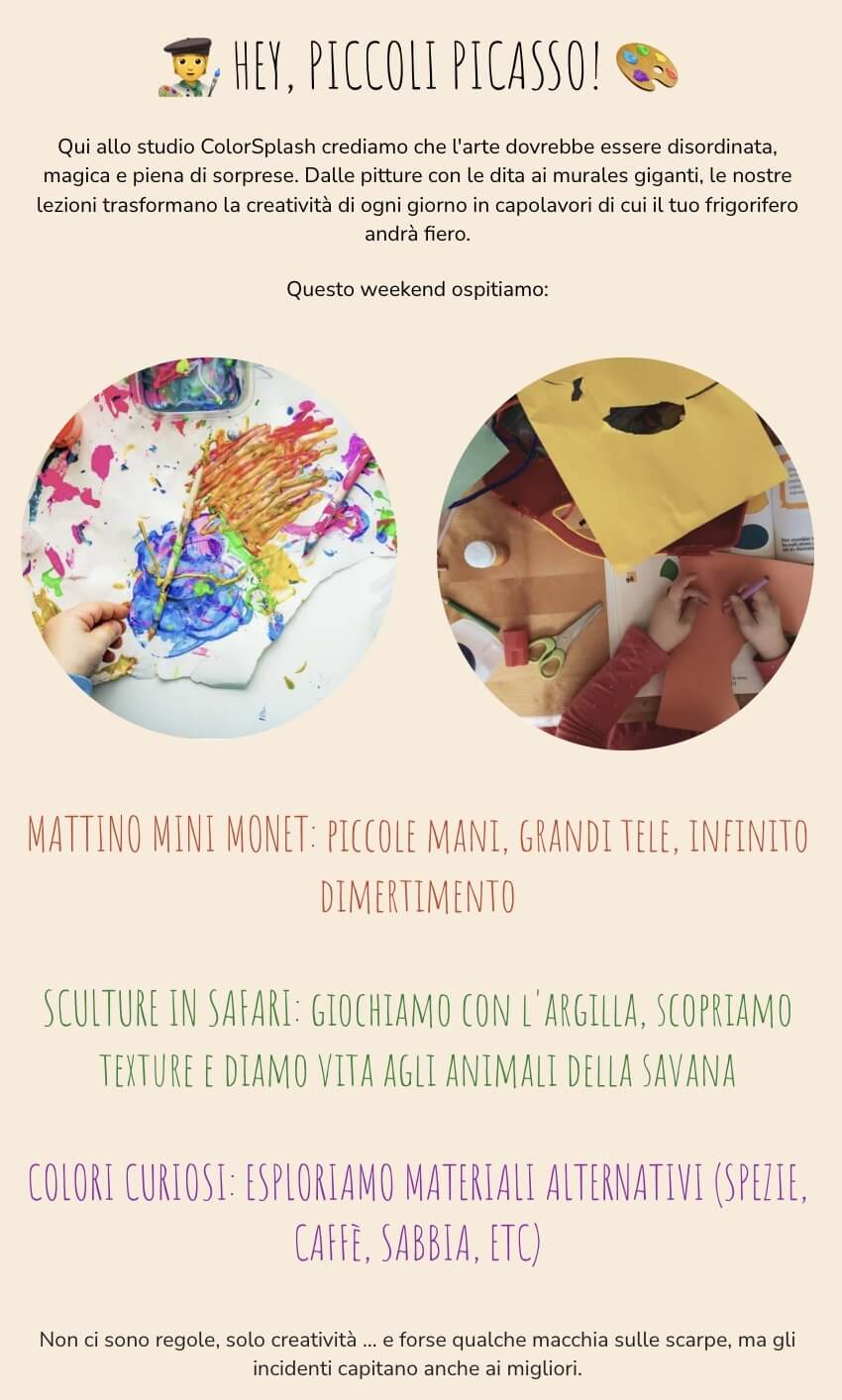 screenshot di una mail di una scuola di arte per bambini la cui personalità allegra e creativa è immediatamente percepibile dalle foto di bambini mentre dipingono, i font in stile naïf, i colori accesi e il copy dal tono amichevole