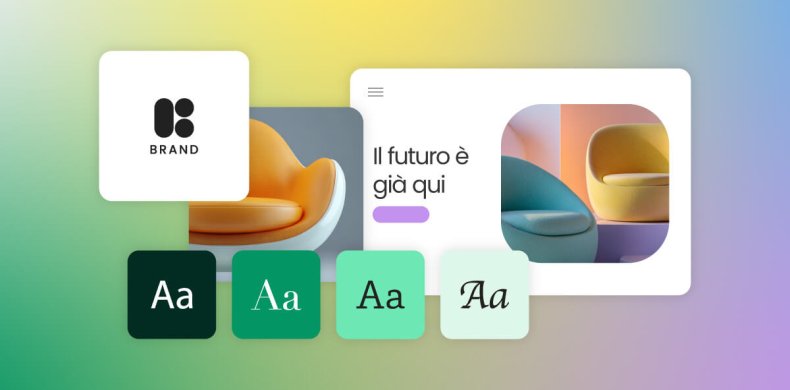 illustrazione che mostra diversi elementi del branding: una selezione di font, palette di colori, logo, due immagini e un esempio di hero section di un sito web