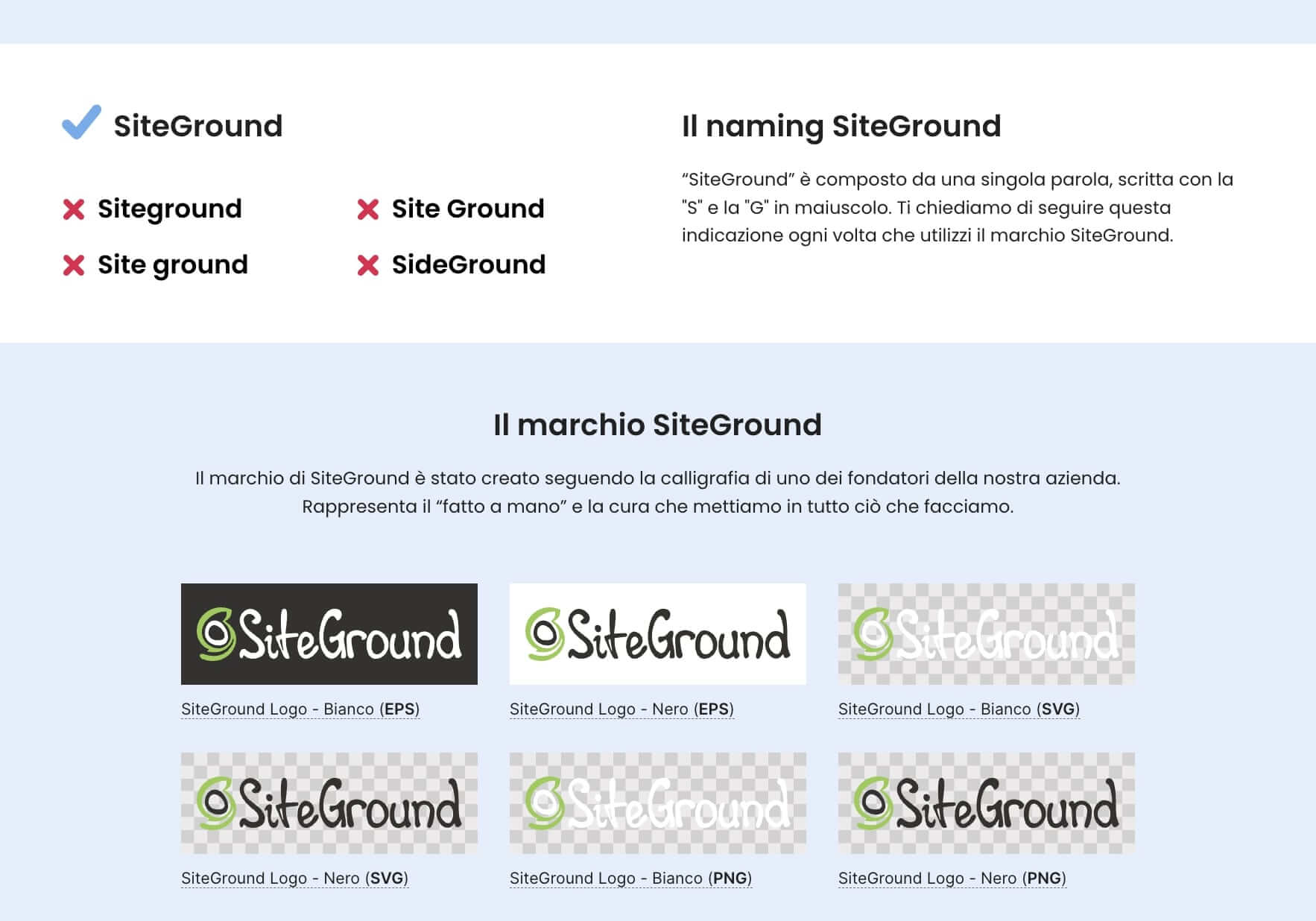 screenshot dalla pagina web di SiteGround che mostra le linee guida per il branding, incluso lo spelling corretto del nome e le varianti del logo