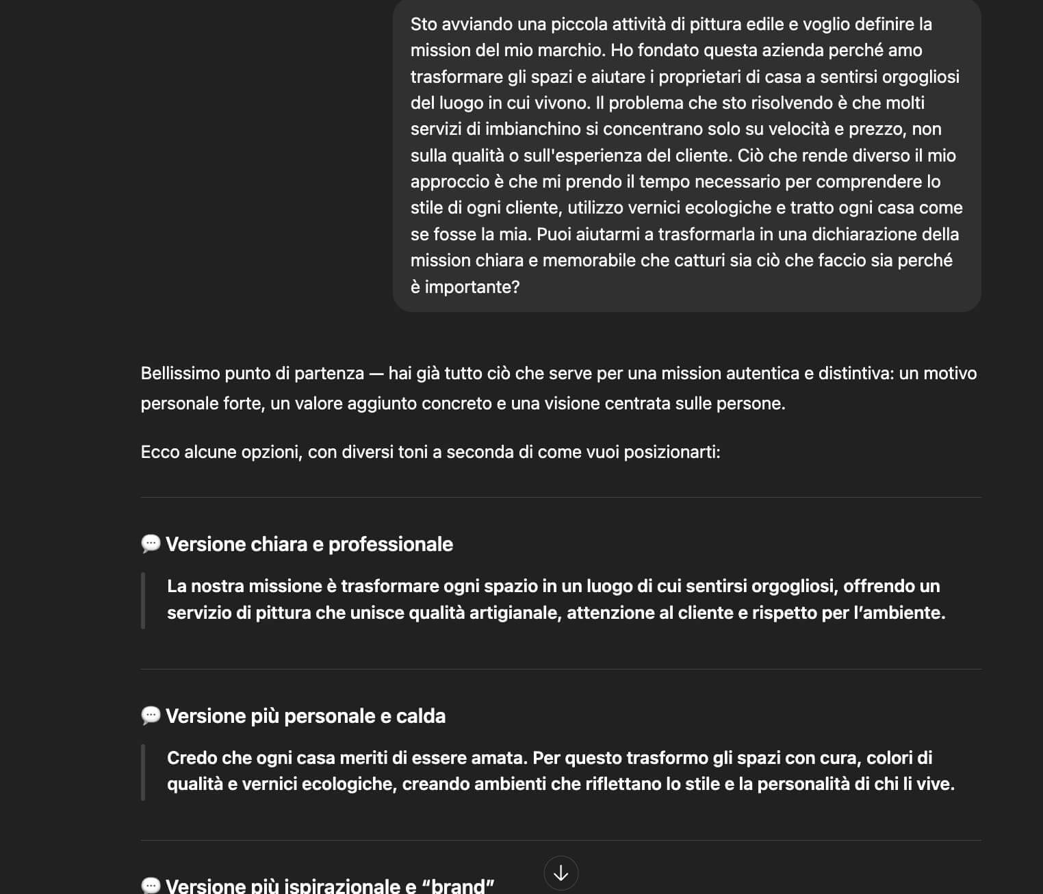 screenshot di una conversazione con ChatGPT dove viene richiesto aiuto per definire la mission di un'impresa di servizi di pittura edile