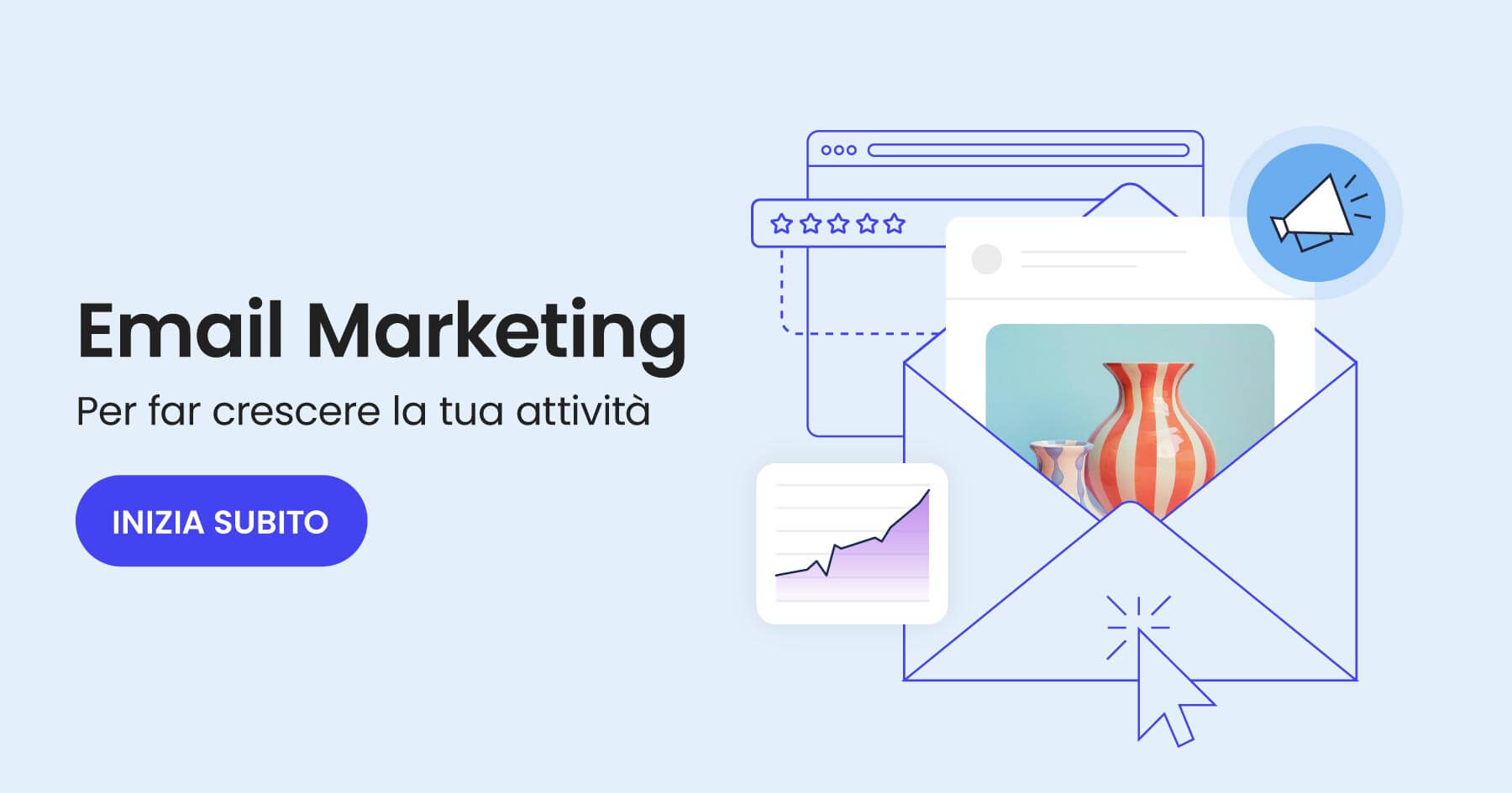 banner promozionale per l'email marketing di SiteGround. Il testo legge "email marketing per far crescere la tua attività" Bottone: Inizia subito