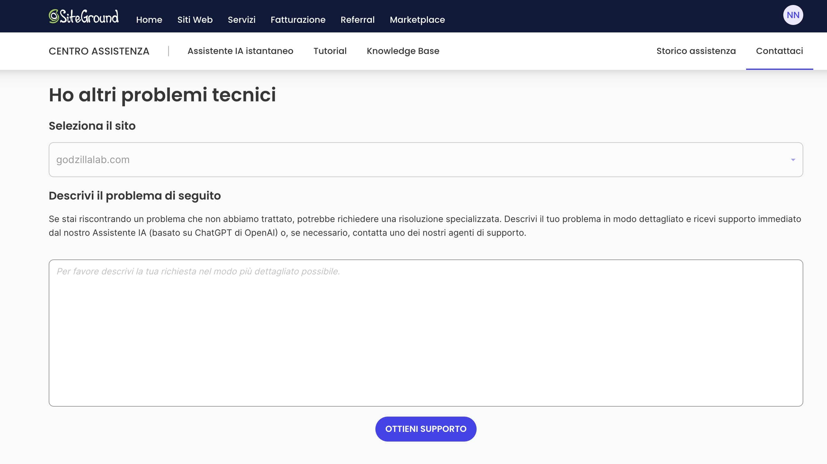 screenshot della live chat di SiteGround