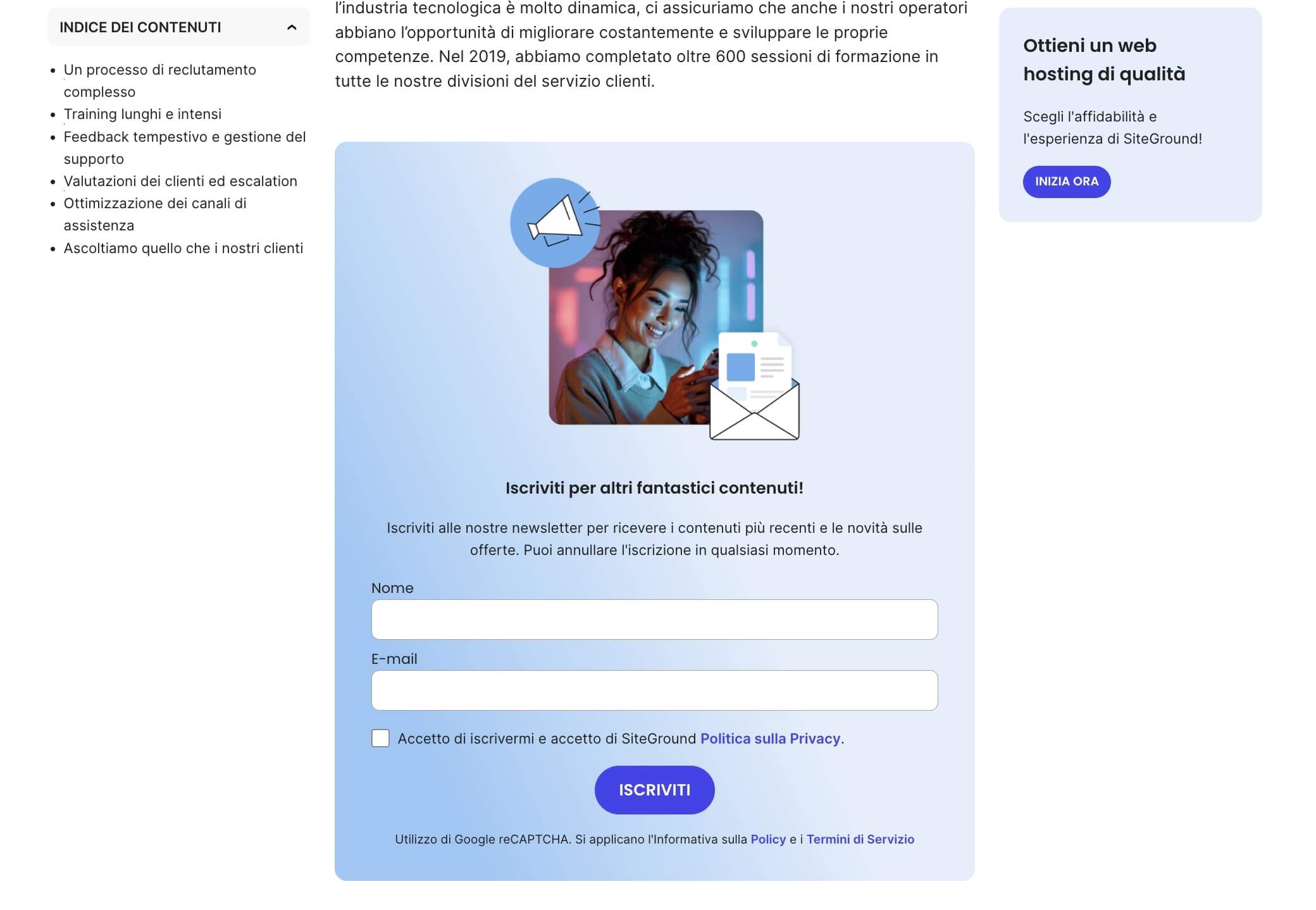 screenshot di un form per il signup alla newsletter di SiteGround
