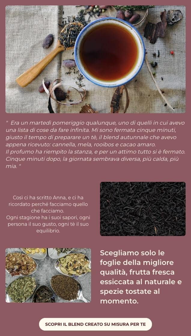 screenshot di una mail che si apre con una recensione di un utente. Poi si legge: Così ci ha scritto Anna, e ci ha ricordato perché facciamo quello che facciamo.
Ogni stagione ha i suoi sapori, ogni persona il suo gusto, ogni tè il suo equilibrio. Scegliamo solo le foglie della migliore qualità, frutta fresca essiccata al naturale e spezie tostate al momento.
CTA: Scopri il blend creato su misura per te