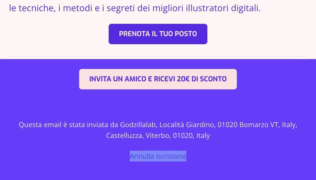 screenshot di un footer email che presenta un pulsante "invita un amico e ricevi 20 euro di sconto"