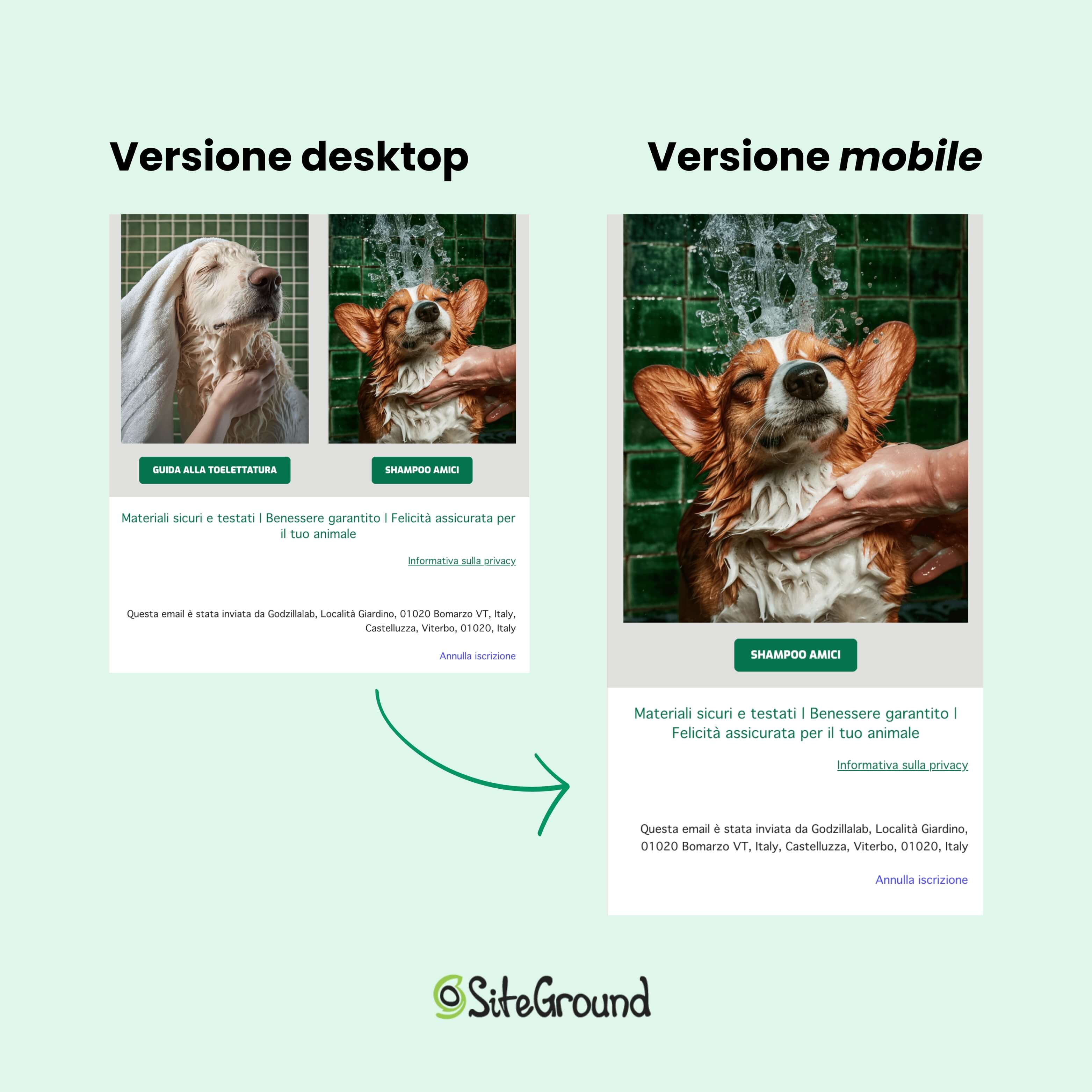 due screenshot della stessa email in versione desktop e mobile. I footer sono perfettamente leggibili e formattati in entrambe