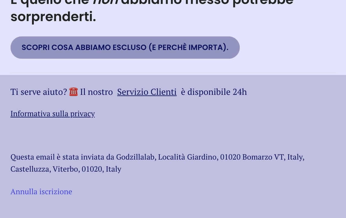 screenshot di un footer email che indica "Ti serve aiuto? Il nostro servizio clienti è disponibile 24h"