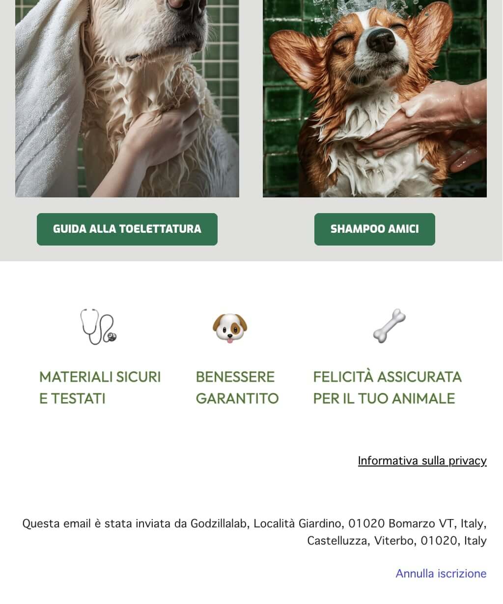 screenshot di un footer email con una tagline grafica che legge: "materiali sicuri e testati, benessere garantito, felicità assicurata per il tuo animale"