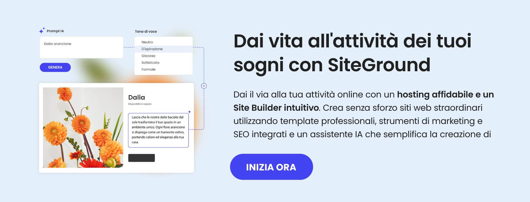 banner promozionale per l'hosting e il website builder di SiteGround. Crea siti usando template professionali, strumenti di marketing e SEO integrati e assistenti IA. Il pulsante indica: Inizia ora