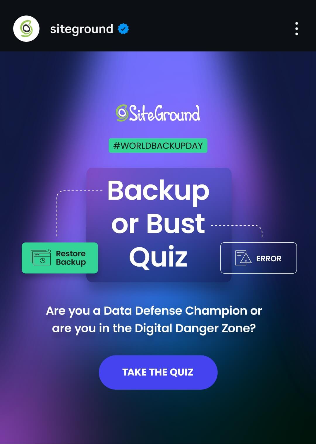 screenshot di un post dalla pagina Instagram di SiteGround che propone un quiz sulla sicurezza in occasione del Worldbackup Day
