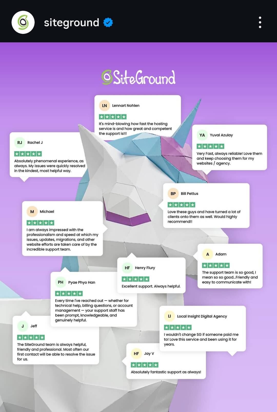 screenshot di un post dalla pagina Instagram di SiteGround che raccoglie molti screenshot di recensioni positive