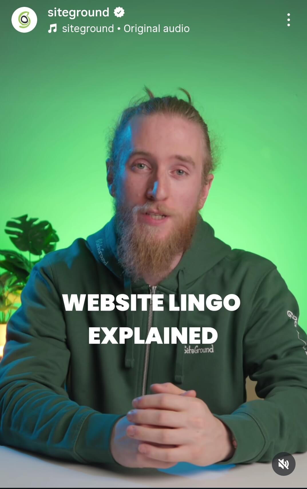 Screenshot di un video dalla pagina Instagram di SiteGround. Il video è parte di una serie che spiega termini tecnici riguardo i siti