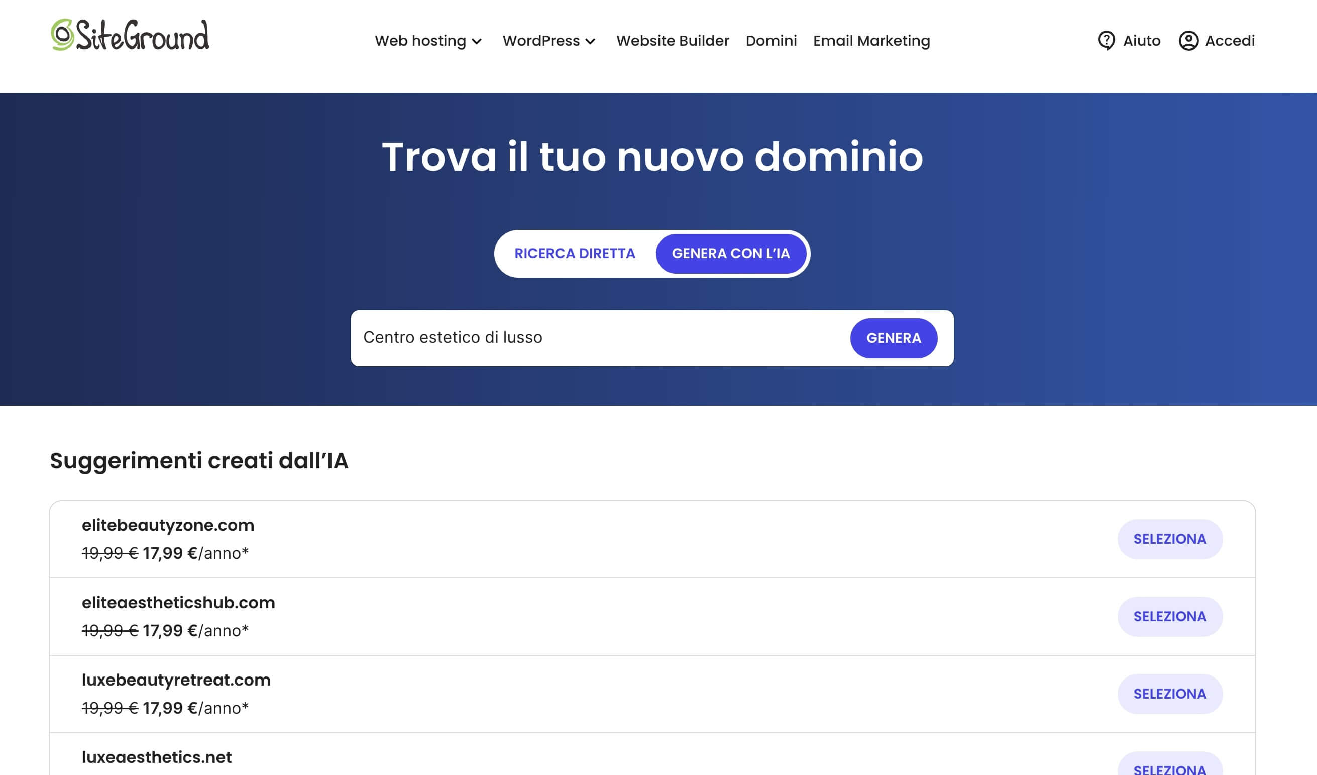 screenshot del registrar di SiteGround, dove vengono suggerite decine di nomi di dominio disponibili e rilevanti dopo aver dato il prompt "centro estetico di lusso"