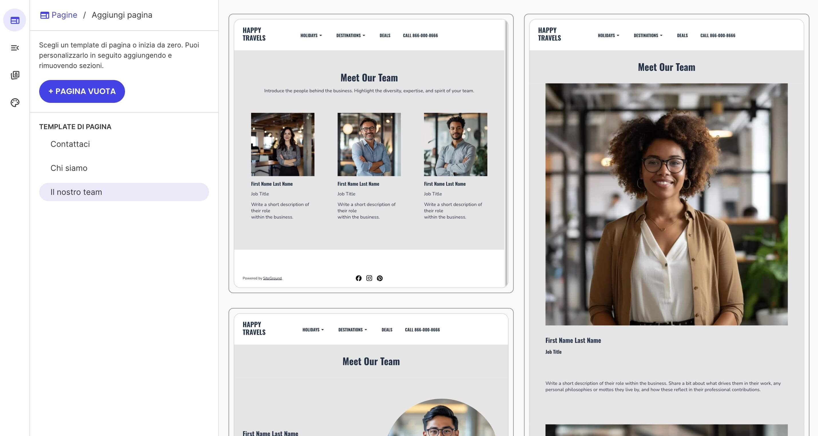 screenshot di 3 proposte di layout per la sezione "Il nostro team" sul website builder di SiteGroud