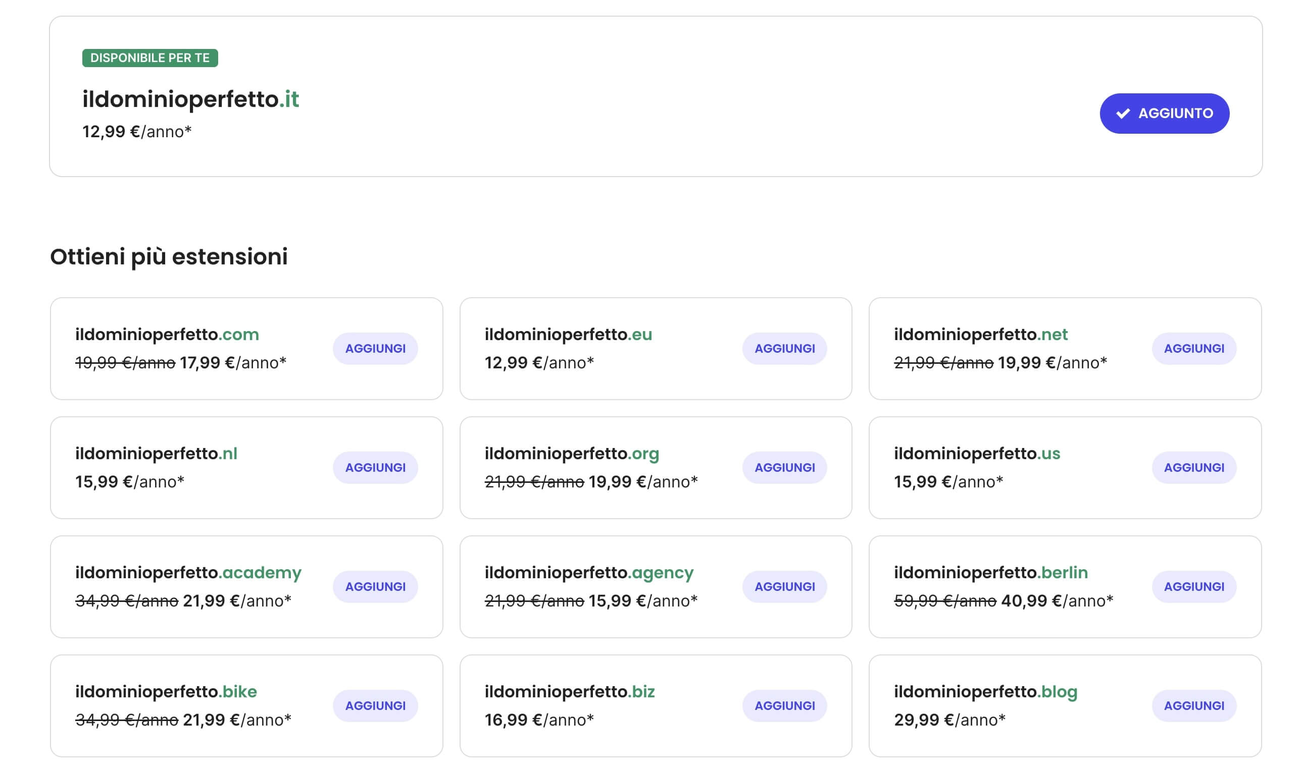 screenshot dal registrar di SiteGround, dove viene mostrato il dominio richiesto "ildominioperfetto.it" e tutte le varianti con altre estensioni come .com .eu .net .org .blog .agency, etc