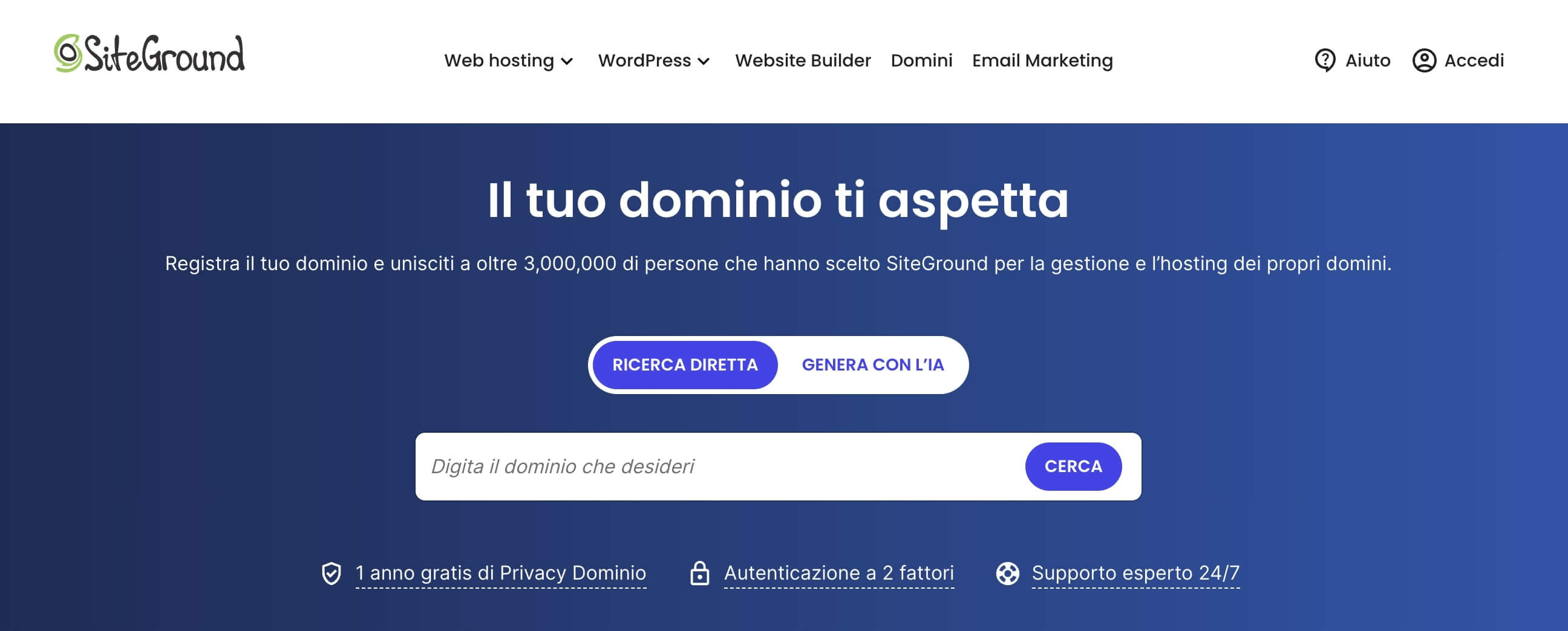 screenshot della pagina del registrar di SiteGround