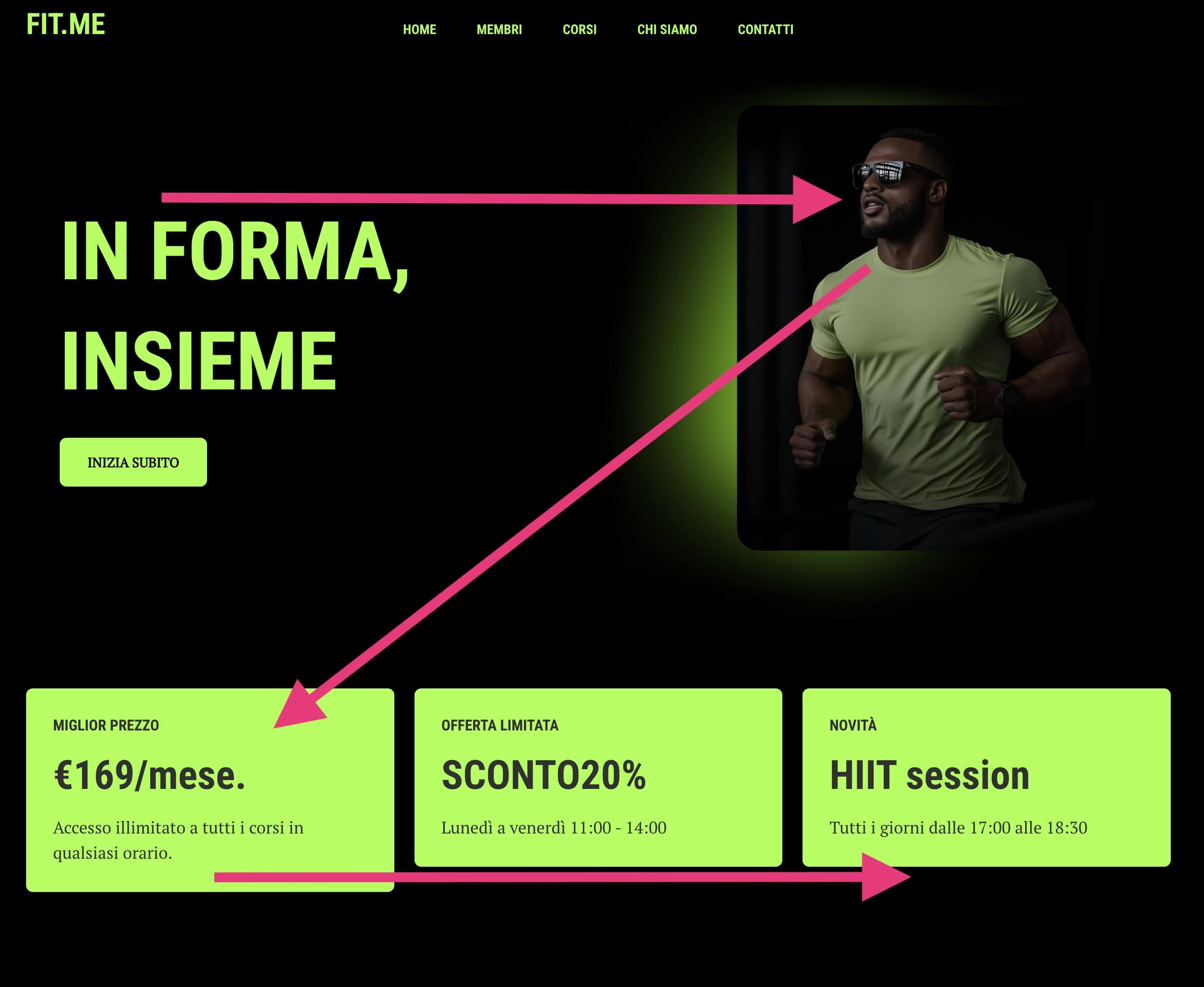screenshot di un layout a Z per il sito di una palestra. A sinistra si trova il titolo, alla sua destra un'immagine e nella parte inferiore tre box presentano offerte diverse, portando la lettura da sinistra a destra