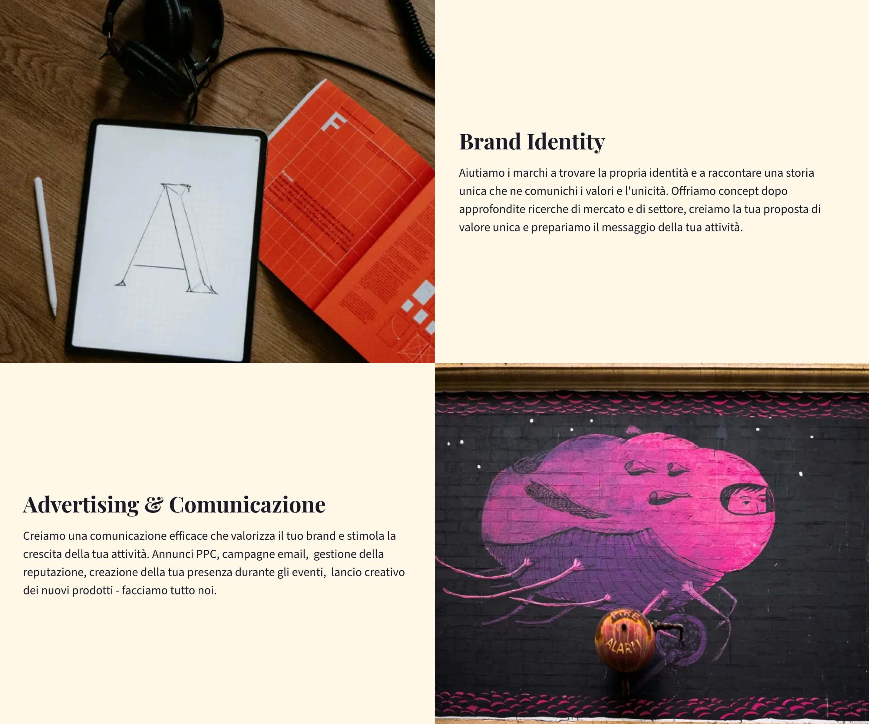 screenshot di un sito di un'agenzia di marketing. Il layout si sviluppa in 4 sezione, alternando testo e immagini.