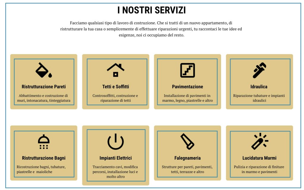 screenshot del layout a carte per la sezione I Nosti Servizi che usa un'illustrazione, titolo, e copy descrittivo per ogni carta