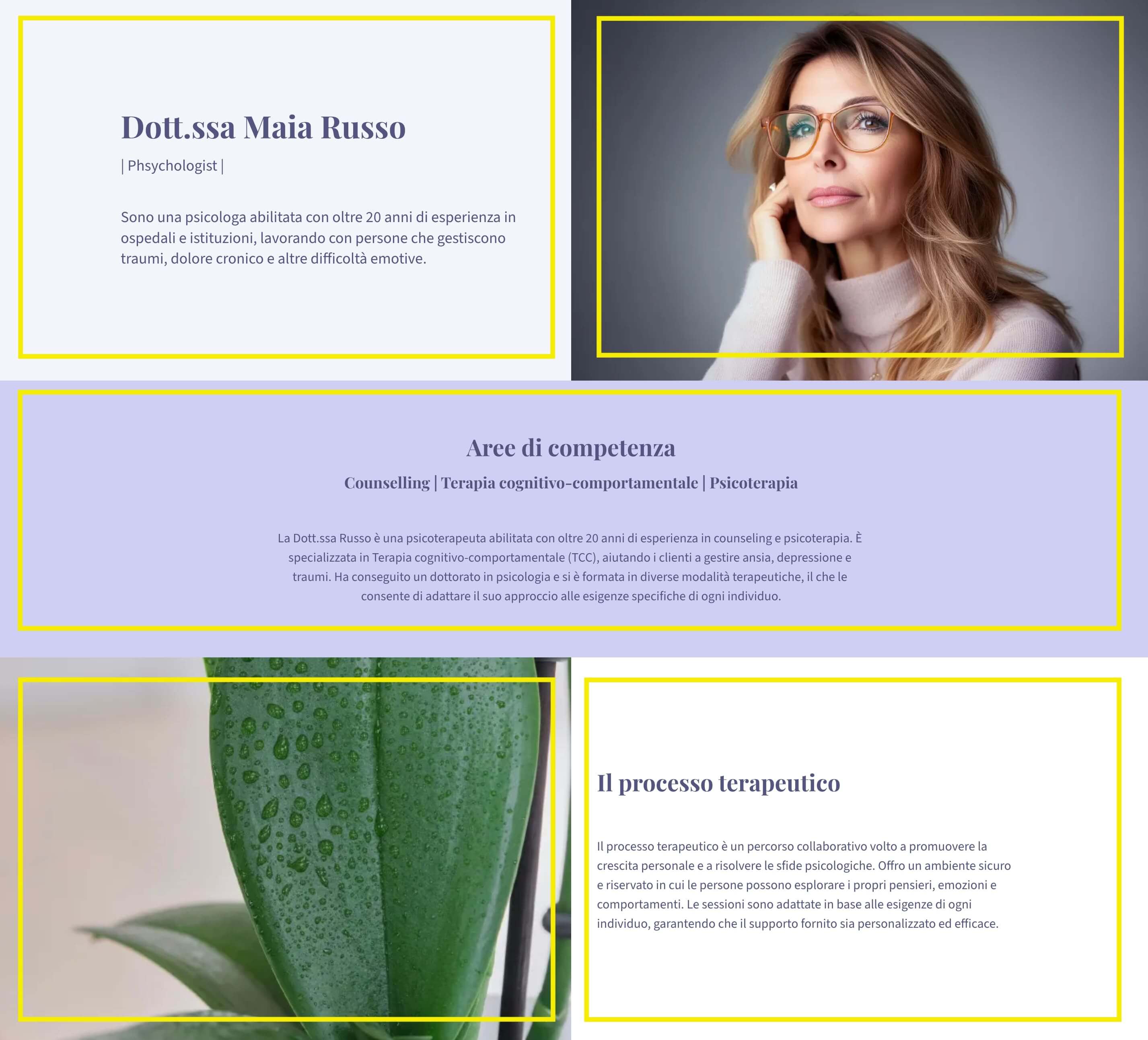 screenshot di un layout a box sul sito di una psicologa. I box presentano la dottoressa, le sue aree di competenza, il processo terapeutico