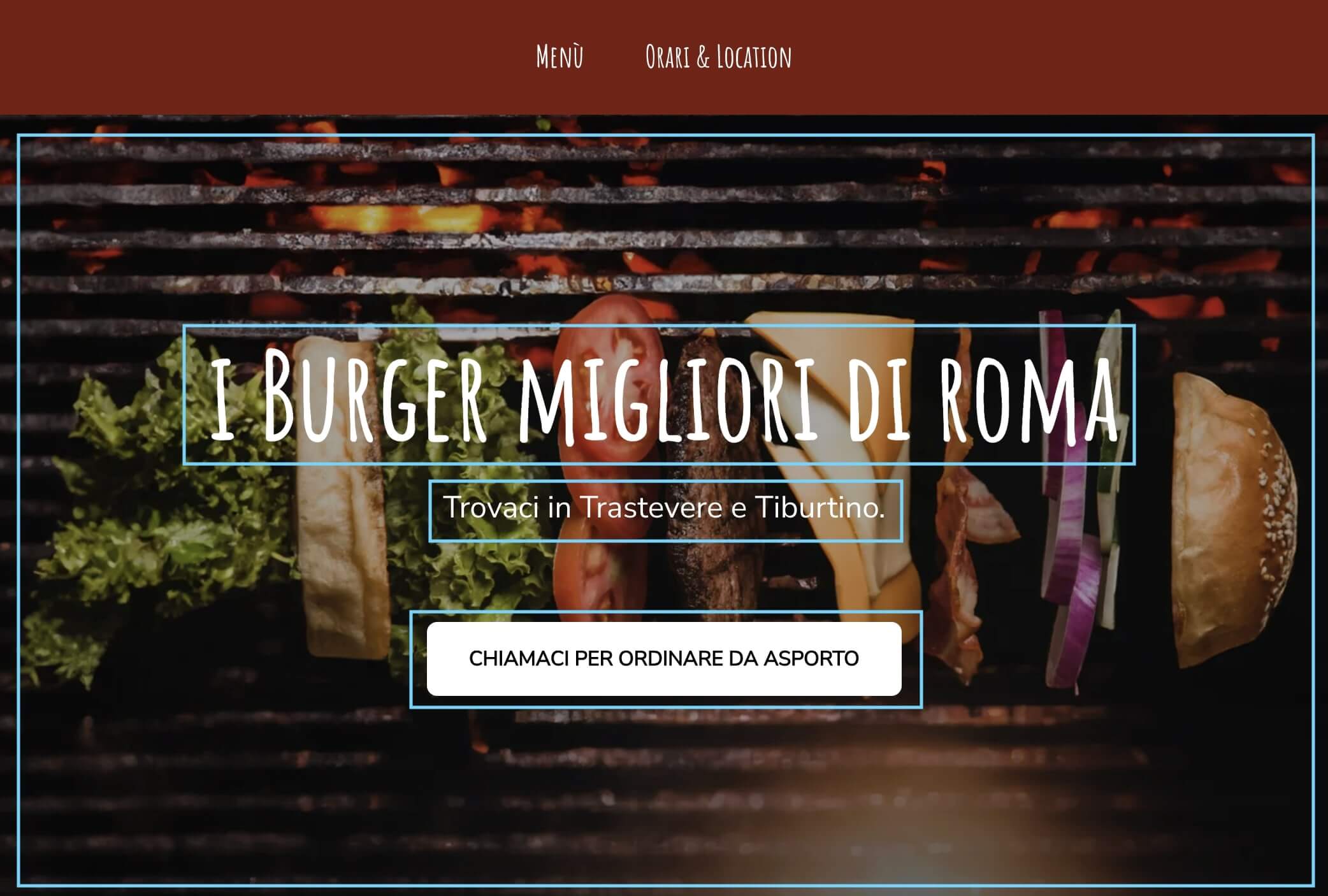 screenshot di un layout hero per la homepage di un sito di ristorazione. In alto si trova il menu, nella parte principale un'immagine di sfondo con titolo, sottotitolo e CTA allineati al centro