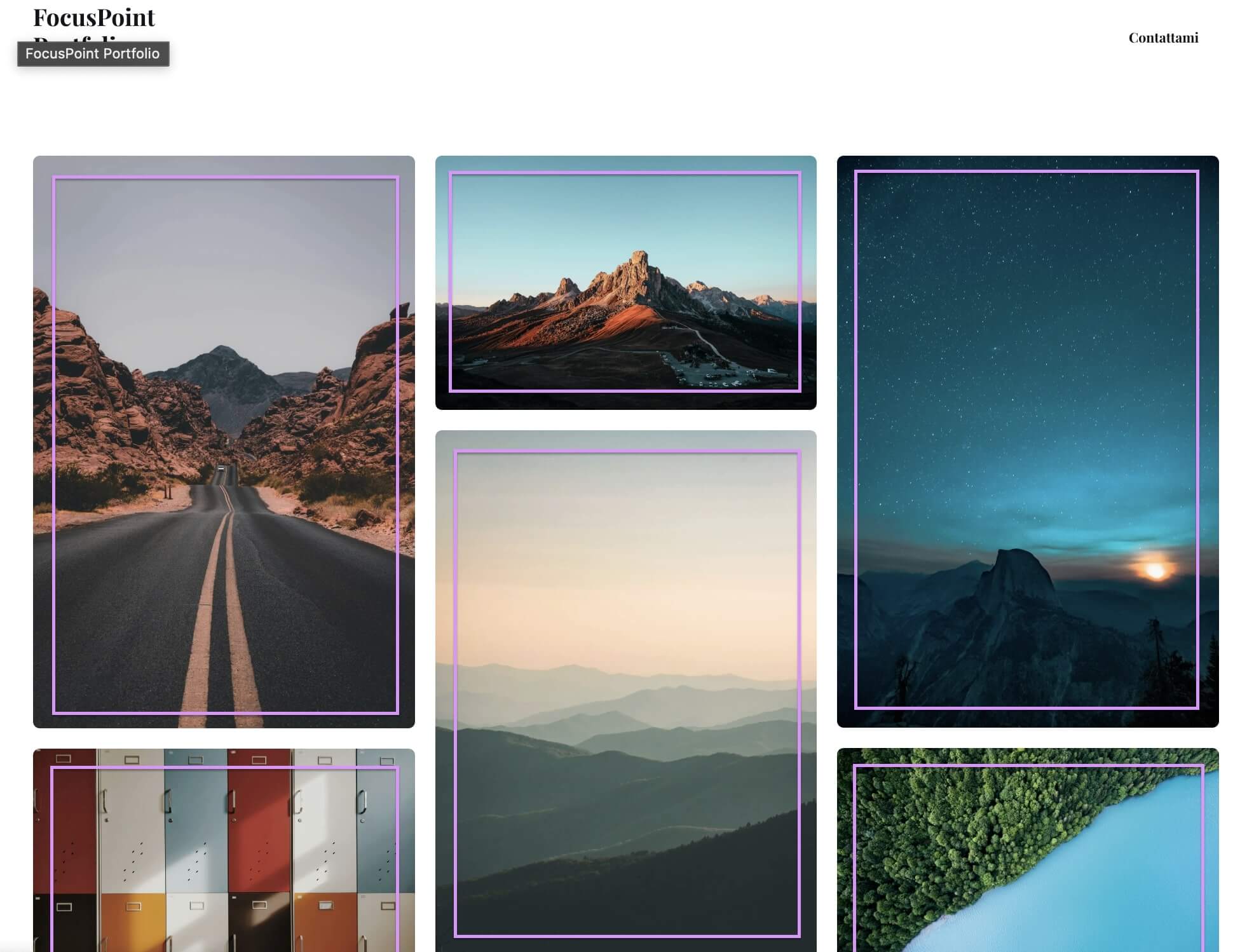 screenshot di un portfolio che usa un layout a mosaico per mostrare la galleria di foto