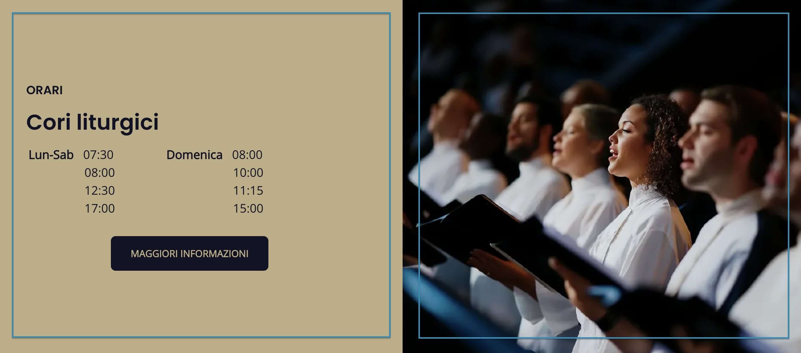 screenshot della sezione informativa del sito di una chiesa che usa il layout in due metà per presentare orari e una foto del coro liturgico a cui si riferiscono