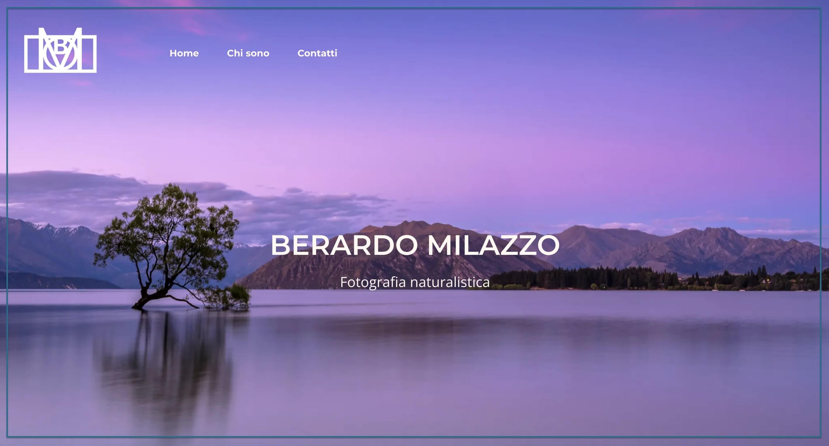 screenshot della home di un sito di un fotografo che usa un'immagine a tutto schermo di un tramonto su di un lago per un effetto suggestivo
