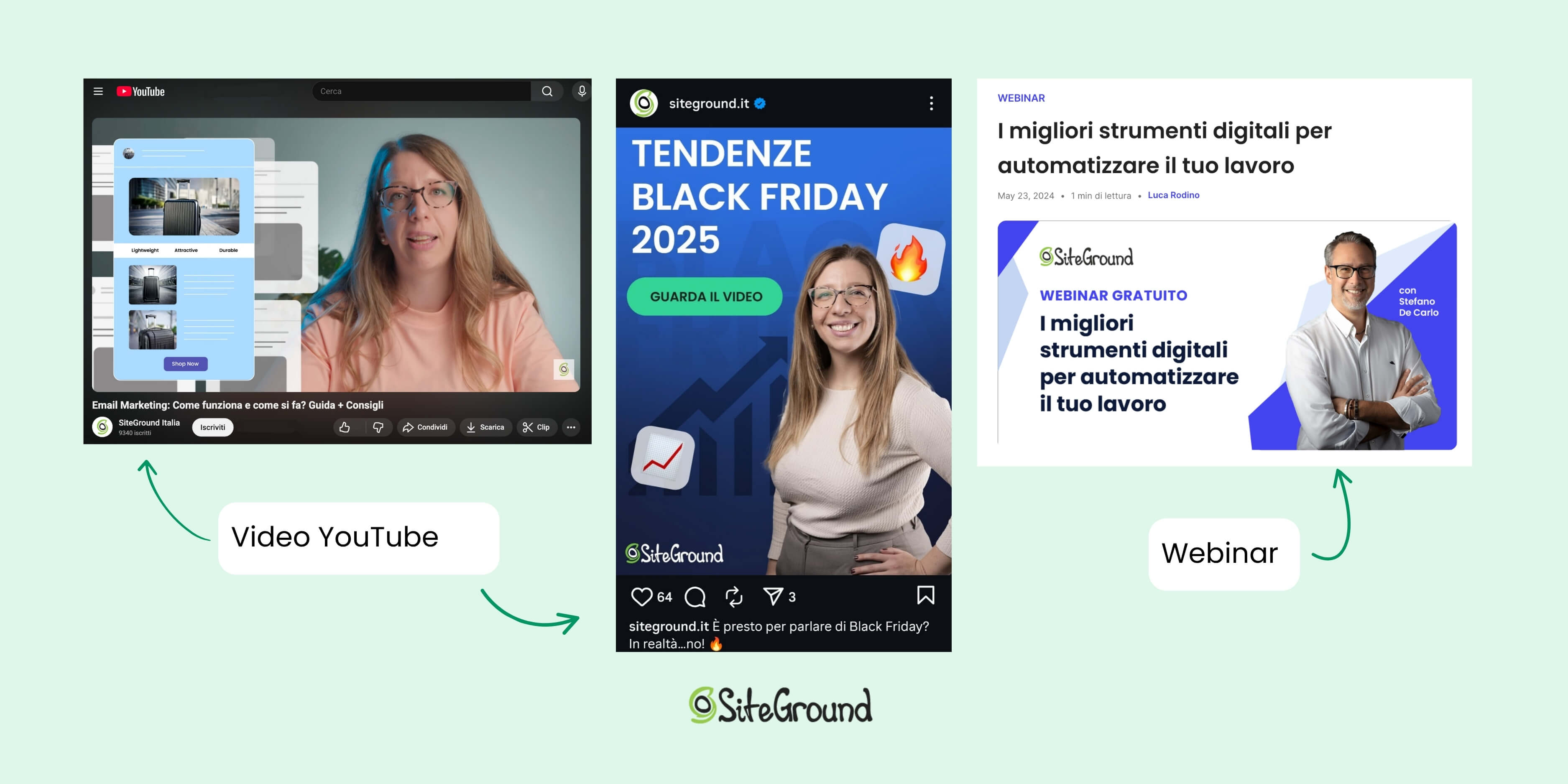 screenshot che mostra vari esempi SiteGround di lead magnet: un'anteprima video su Instagram, un video su YouTube e un webinar