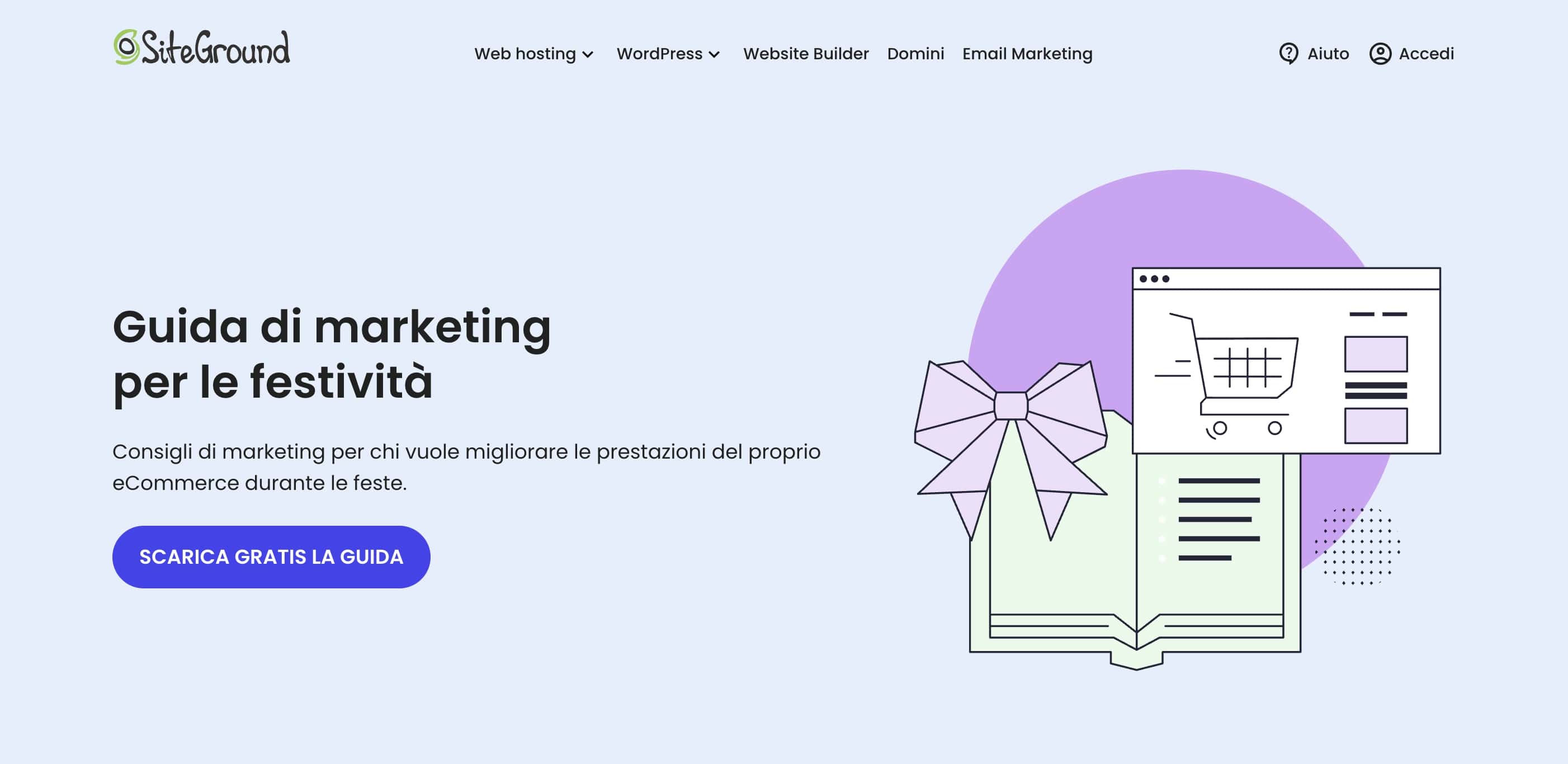 un esempio di lead magnet SiteGround: uno screenshot della landing page di un contenuto scaricabile, la guida di marketing per le festività