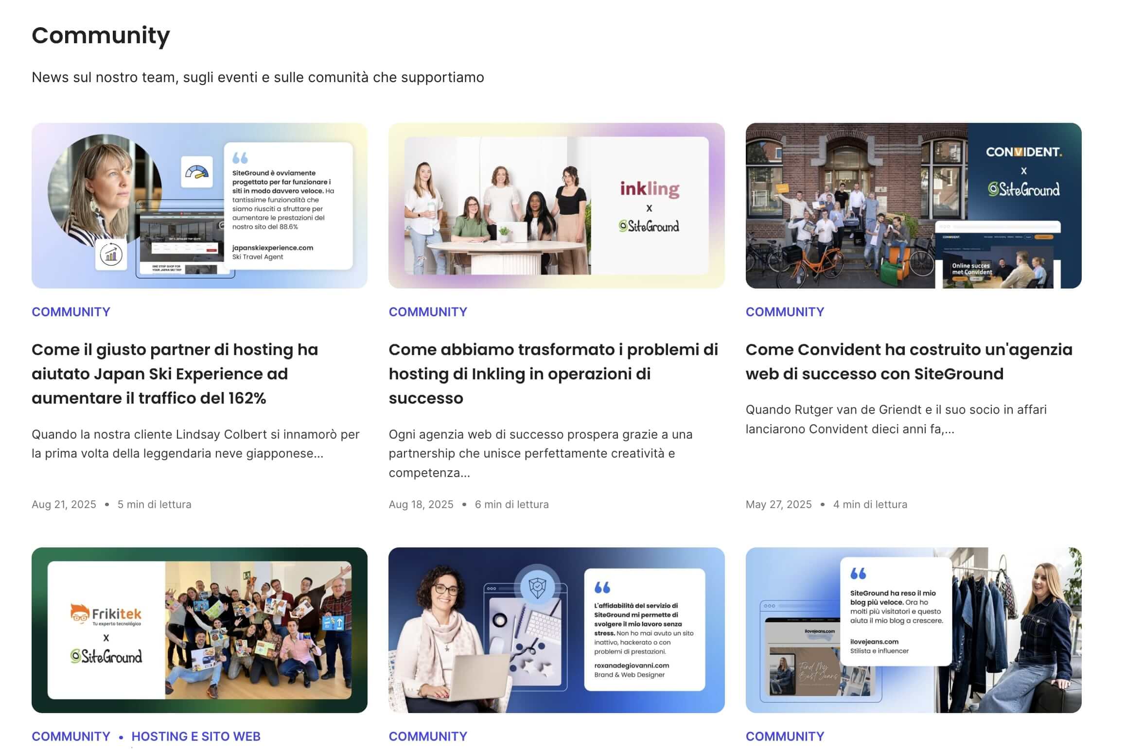 screenshot della sezione "Community" del blog di SiteGround, dove sono raccolte tutte le Storie di Successo