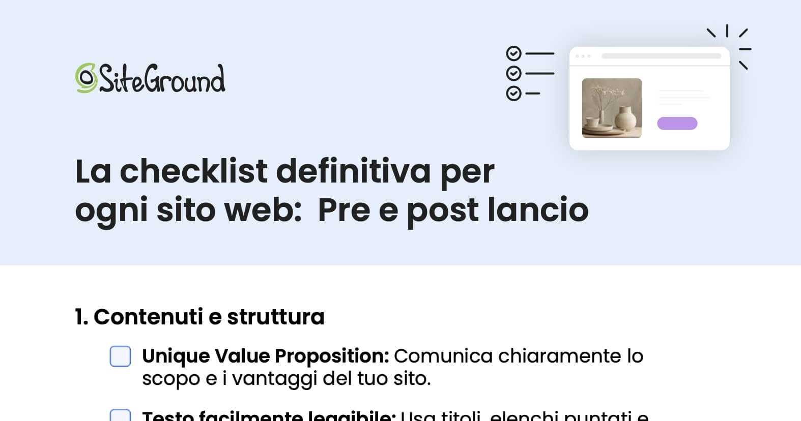 screenshot che mostra un esempio di lead magnet: la prima parte della checklist scaricabile per siti web di SiteGround