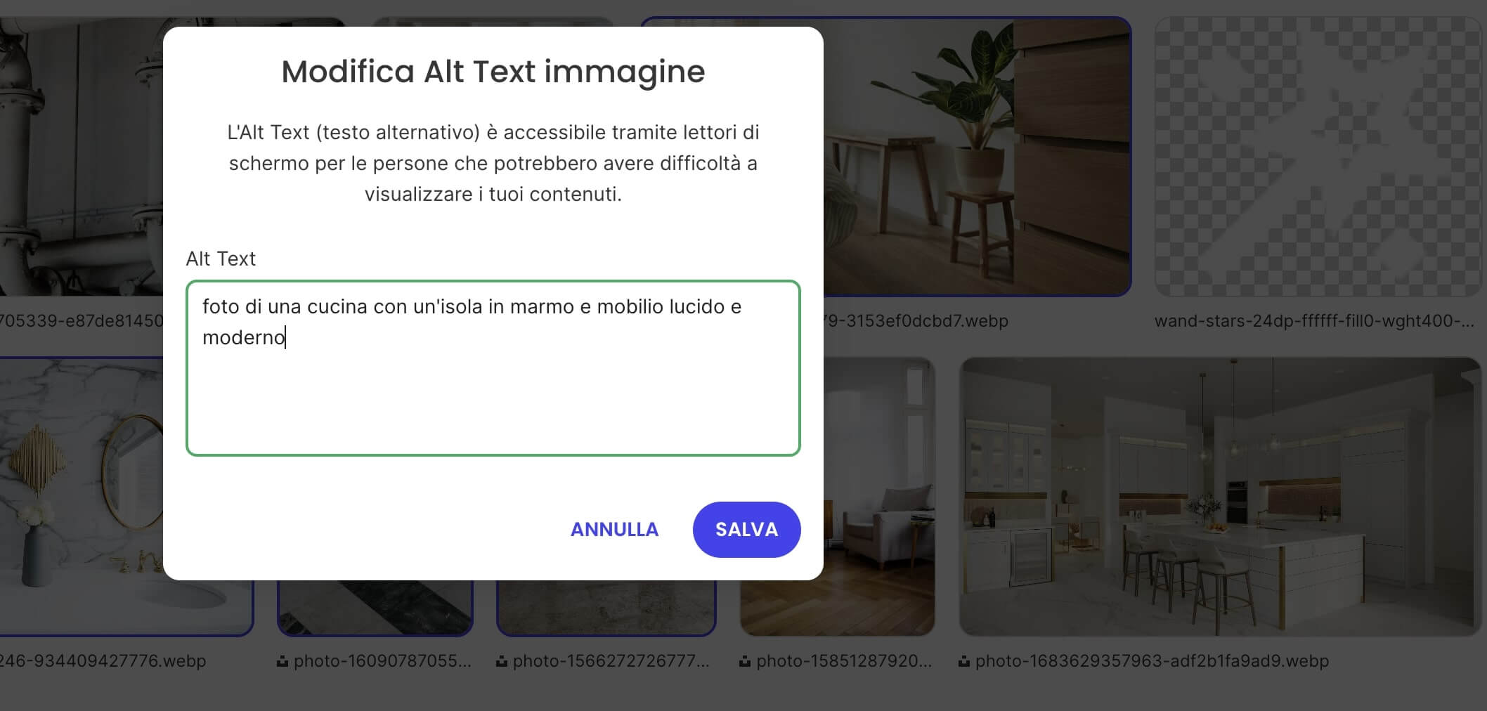 screenshot del box per l'aggiunta dell'alt text nel website builder di SiteGround