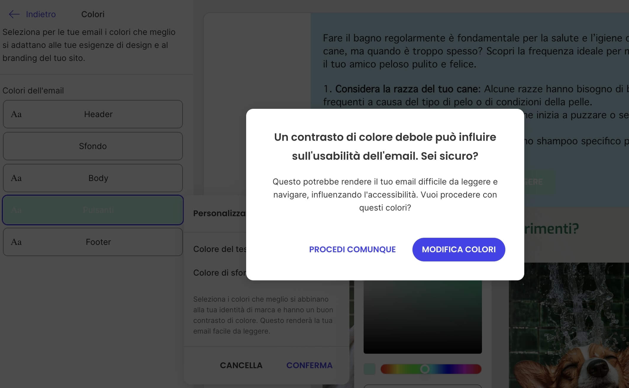 screenshot dell'avviso automatico del contrasto colori troppo basso del website builder e dello strumento di email marketing di SiteGround