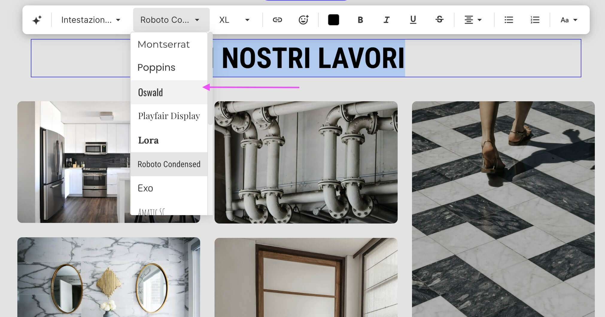 screenshot della scelta di font nel website builder di SiteGround