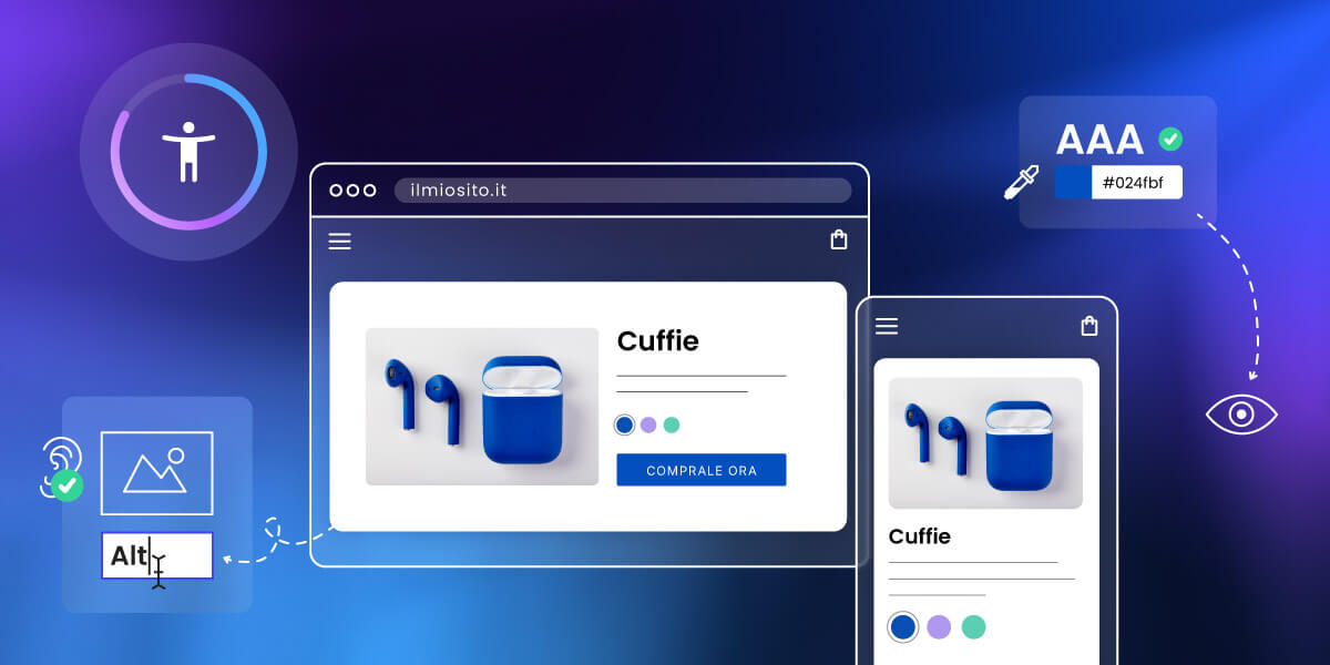 illustrazione di un mockup di una pagina prodotto in versione desktop e mobile, entrambe rispettano le linee guida per l'accessibilità