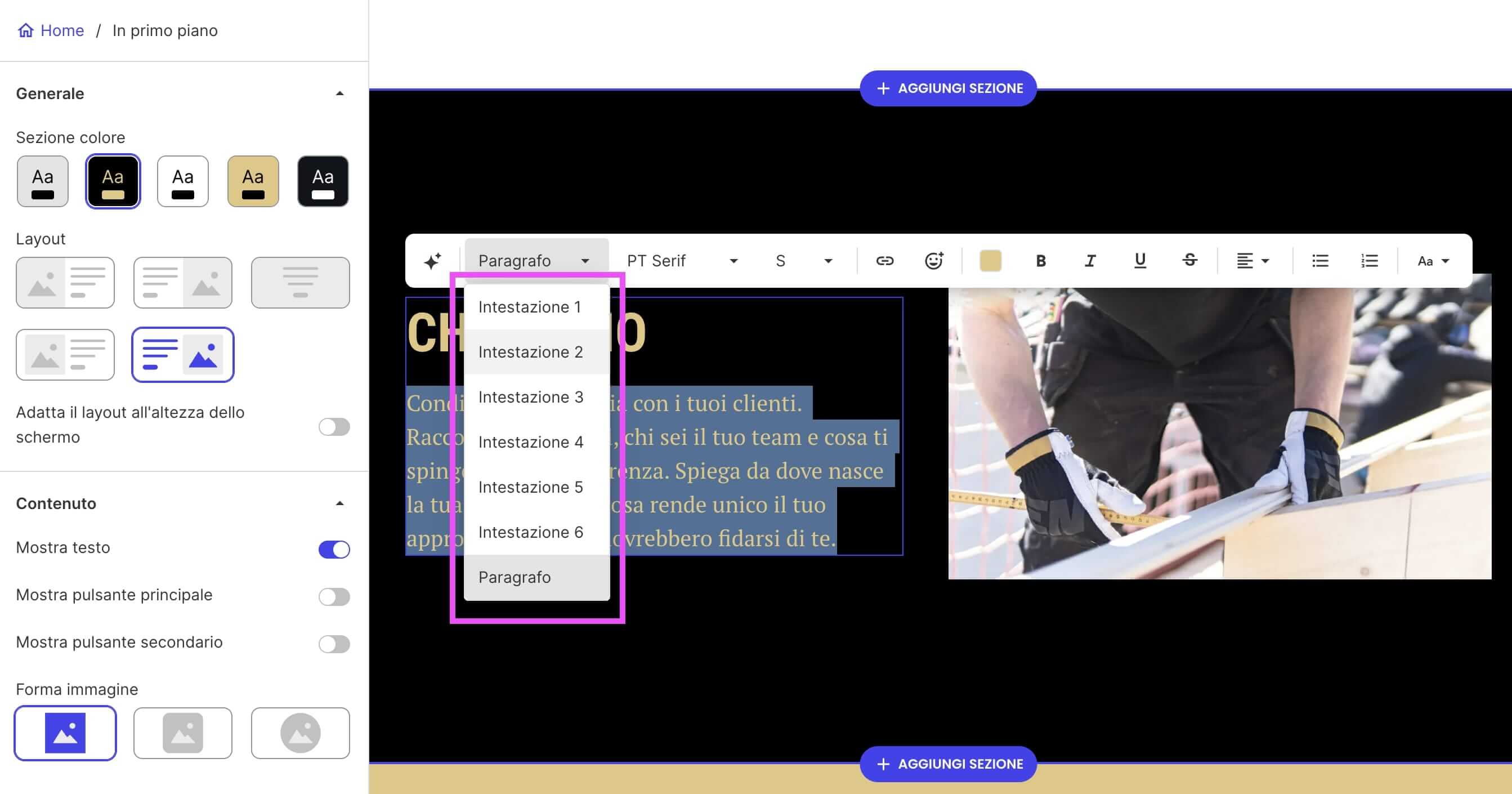 screenshot della selezione di intestazioni h1, h2, ecc, sul website builder di SiteGround