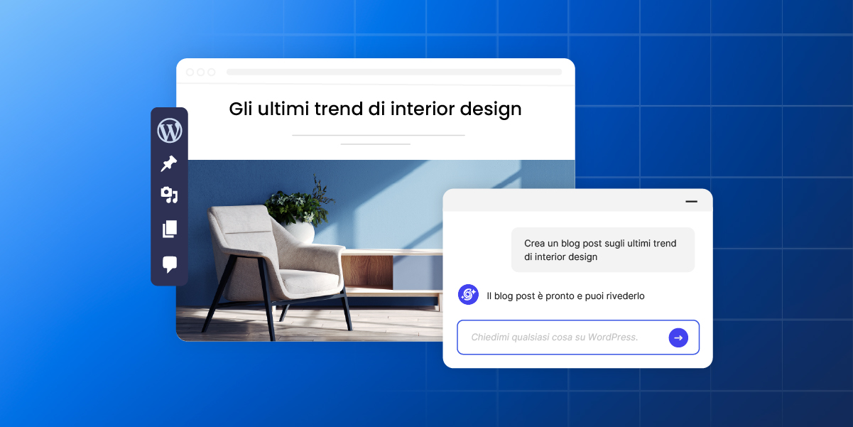 illustrazione di prompt fatto a AI Studio di SiteGround per richiedere la scrittura di un post sugli ultimi trend di interior design. La risposta di AI Studio è "il blog è pronto e puoi rivederlo"