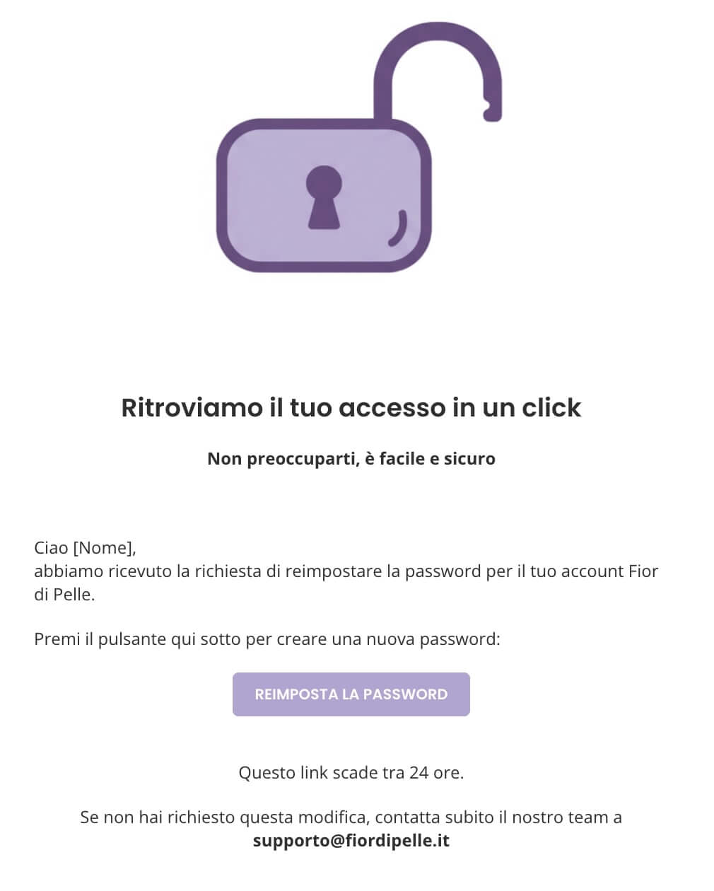 screenshot di una mail transazionale di reimpostazione password