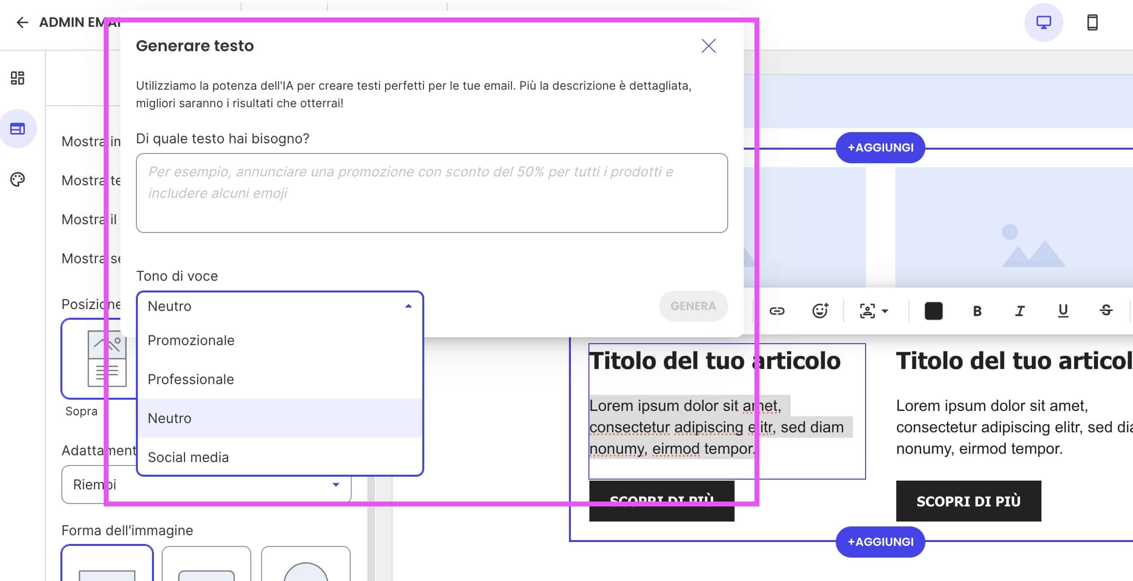 screenshot del generatore di testo  IA integrato allo Strumento di Email Marketing di SiteGround