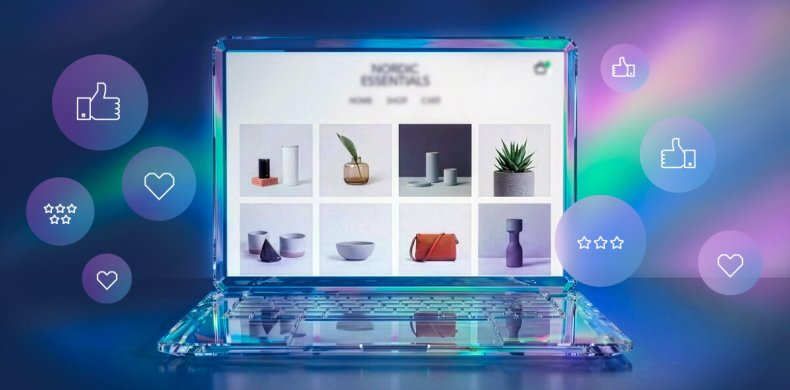 illustrazione di uno schermo laptop che mostra la pagina di un ecommerce. intorno ci sono le icone di like, recensioni e condivisioni