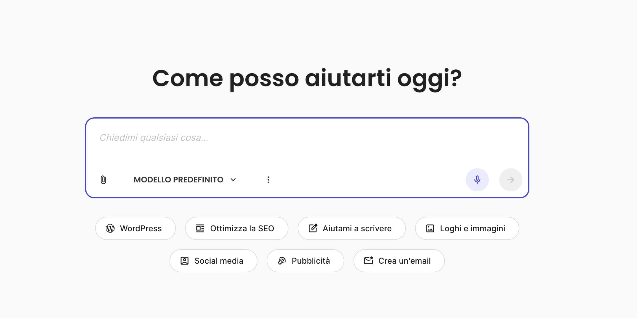 screenshot della chat iniziale dell'agente generico di AI Studio di SiteGround