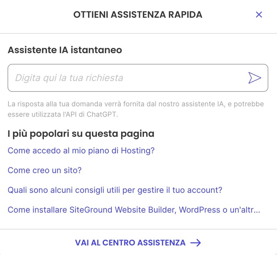 screenshot dell'assistente IA istantaneo dal sito di SiteGround