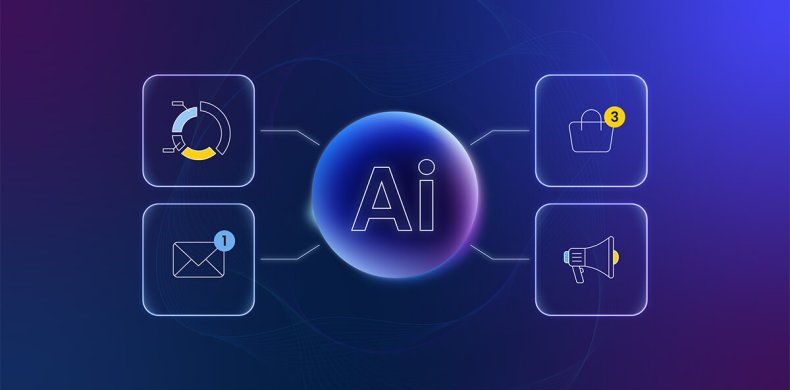 illustrazione di un'icona AI collegata ad altre 4 icone che rappresentano l'analisi dati, l'ecommerce, l'email marketing e il social media marketing