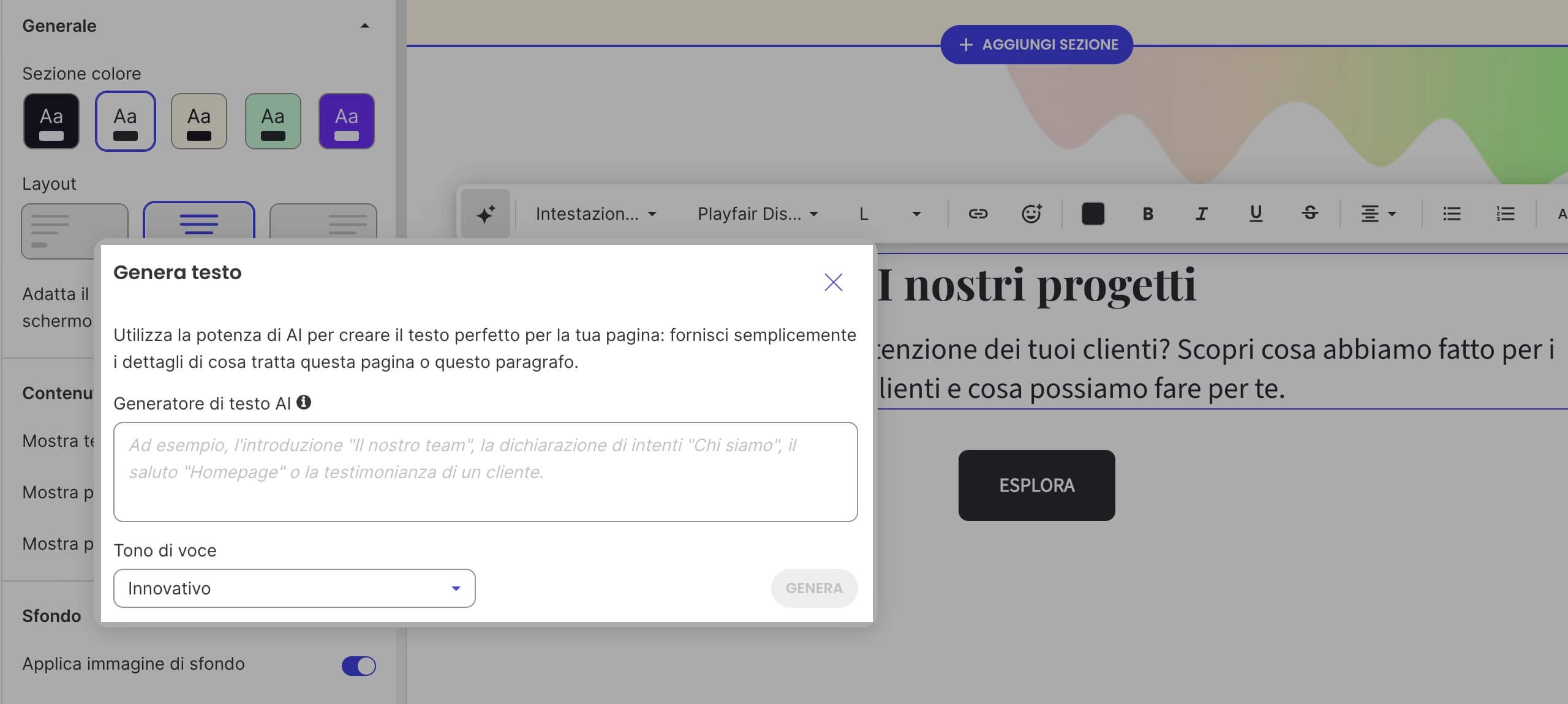 screenshot dal Website Builder di SiteGround, dove è possibile usare l'assitente AI per generare i testi delle varie pagine