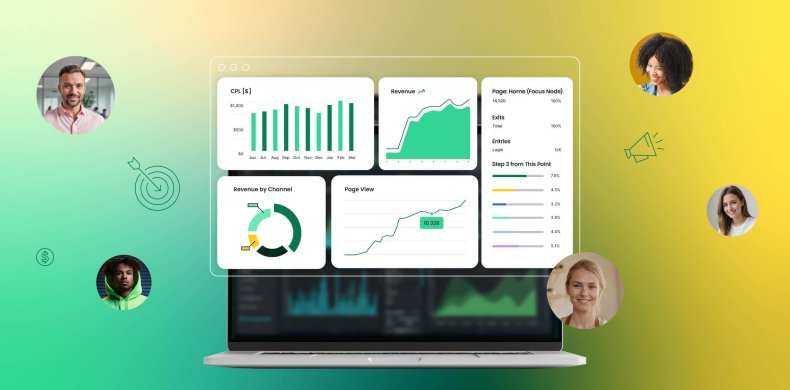 illustrazione di sei schermi con grafici di vario tipo che tracciano l'andamento di metriche digitali e KPI del marketing