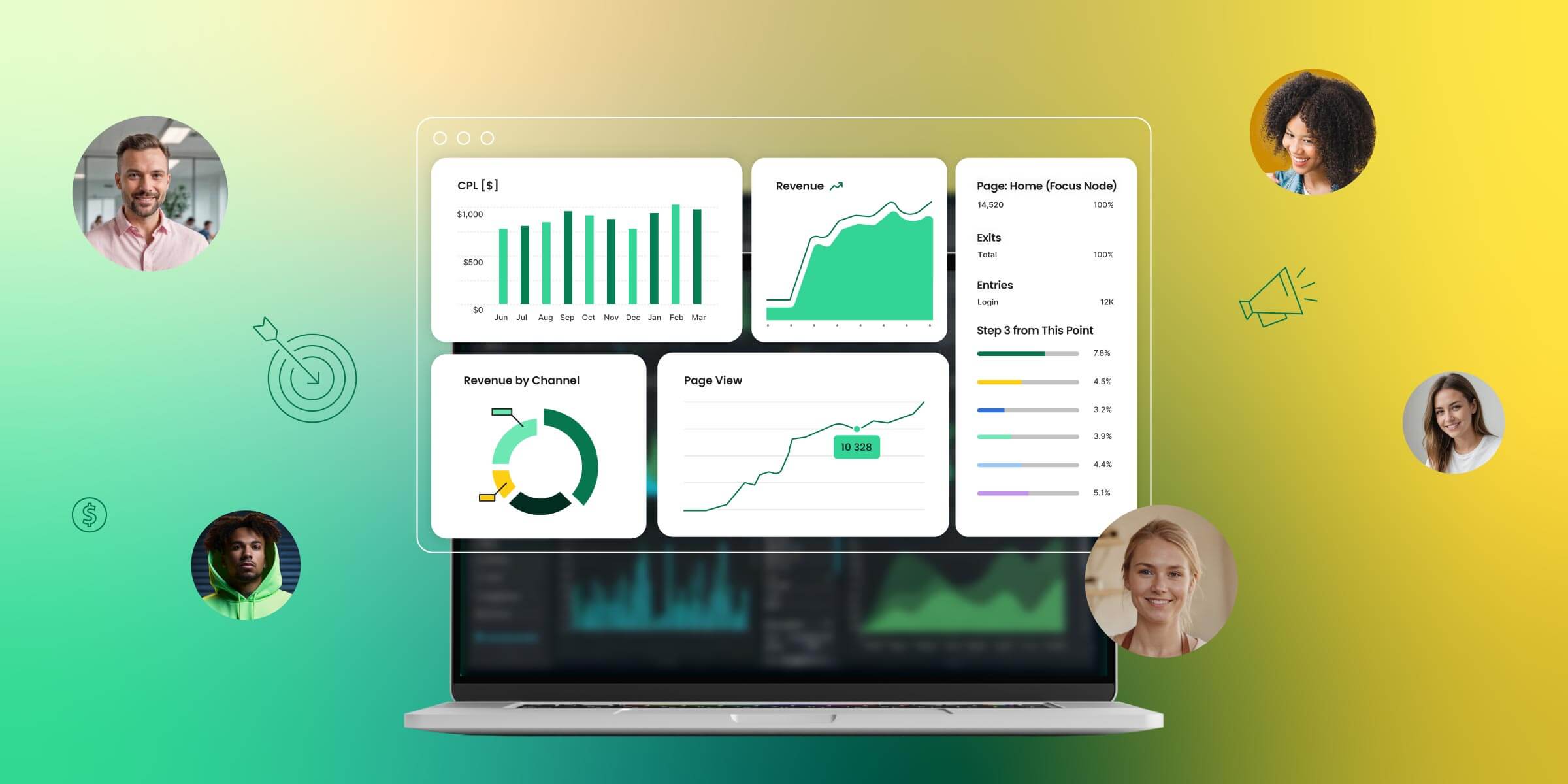 illustrazione di sei schermi con grafici di vario tipo che tracciano l'andamento di metriche digitali e KPI del marketing