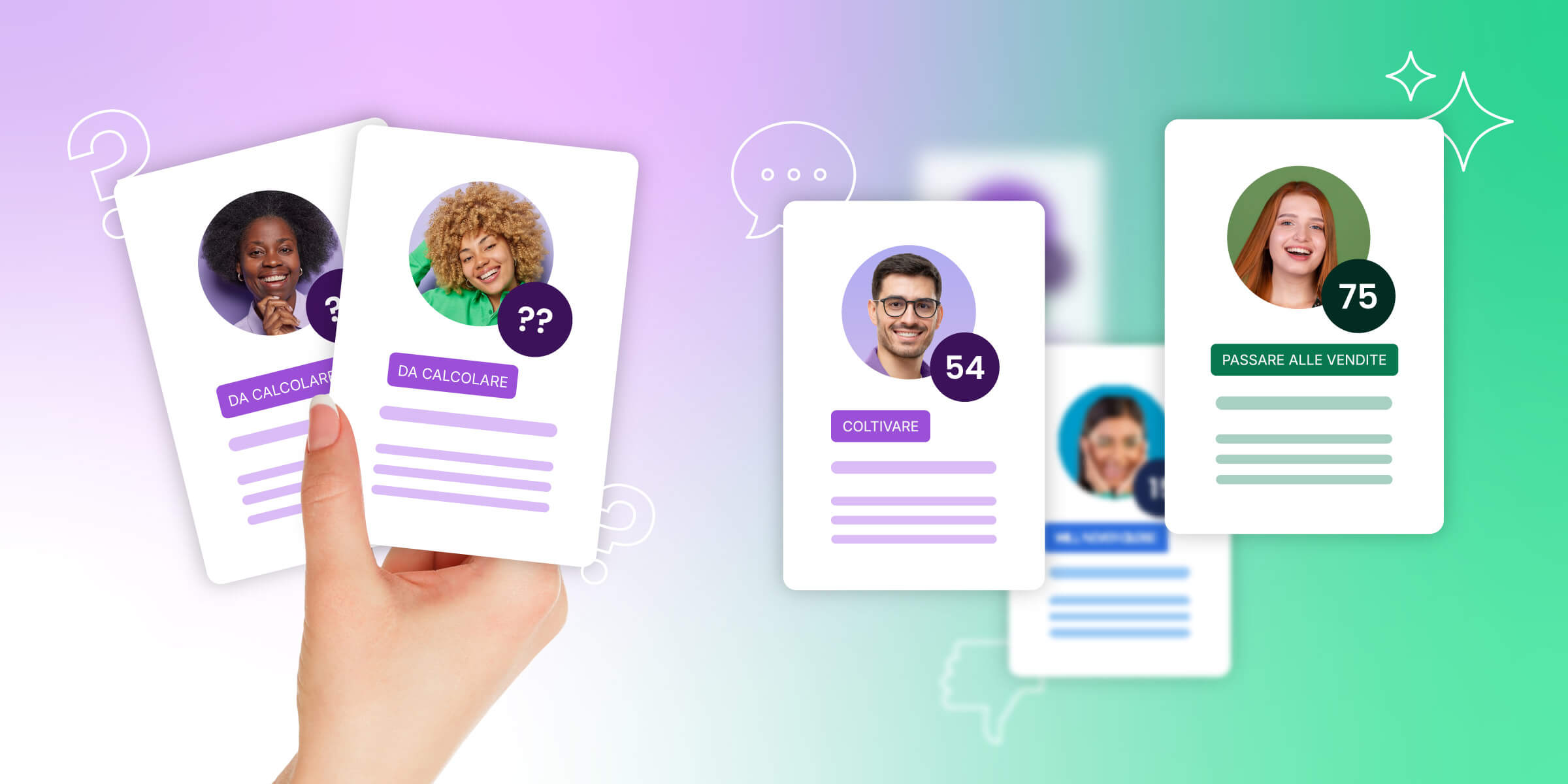 illustrazione di due mazzi di carte organizzati per colore e punteggio, ogni carta rappresenta un cliente, le sue caratteristiche e un punteggio di lead scoring